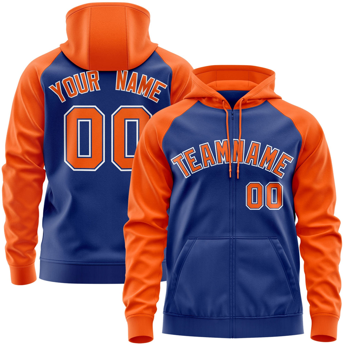 Custom Stitched Royal Orange-White Raglan Sleeves Sports Full-Zip Sweatshirt Hoodie| KXKSHOP