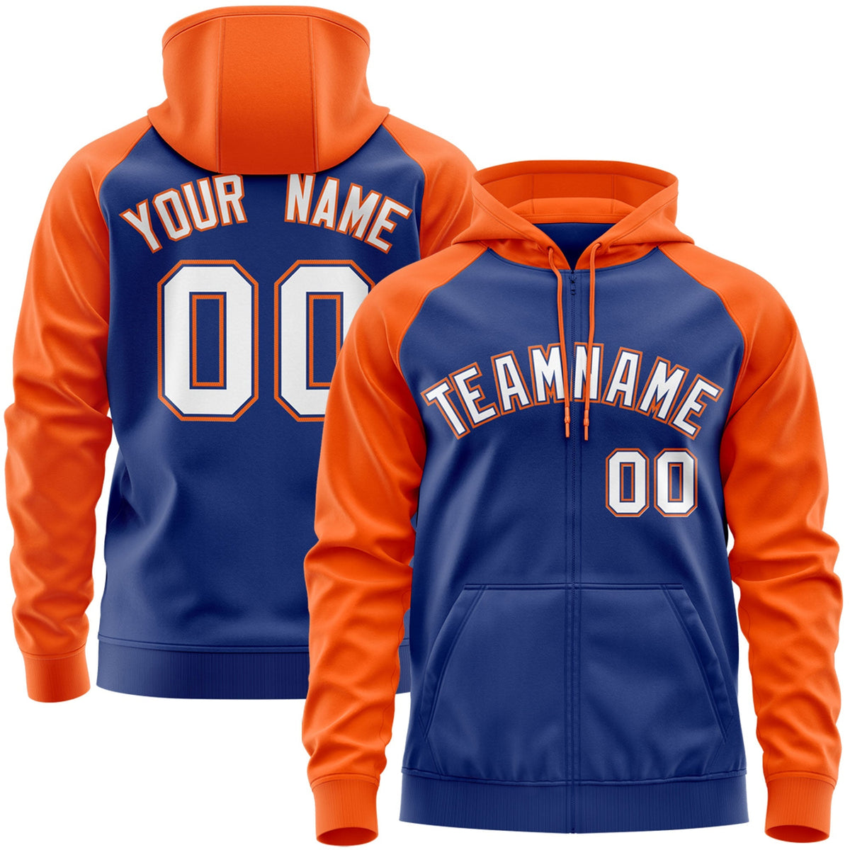 Custom Stitched Royal White-Orange Raglan Sleeves Sports Full-Zip Sweatshirt Hoodie| KXKSHOP