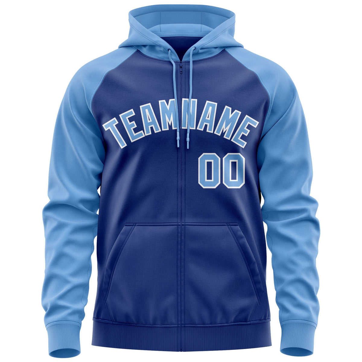 Custom Stitched Royal Light Blue-White Raglan Sleeves Sports Full-Zip Sweatshirt Hoodie| KXKSHOP