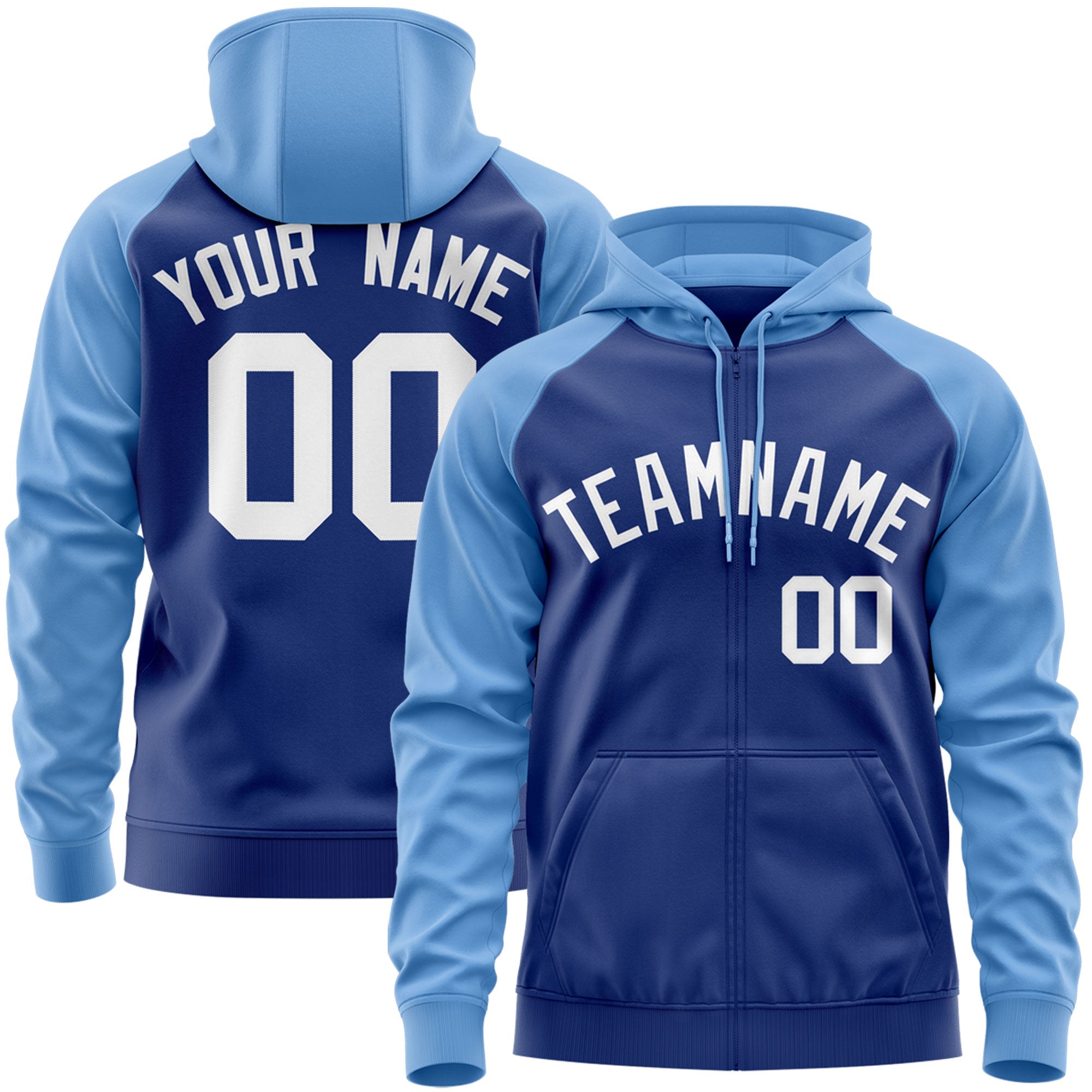 Custom Stitched Royal White-Light Blue Raglan Sleeves Sports Full-Zip Sweatshirt Hoodie| KXKSHOP