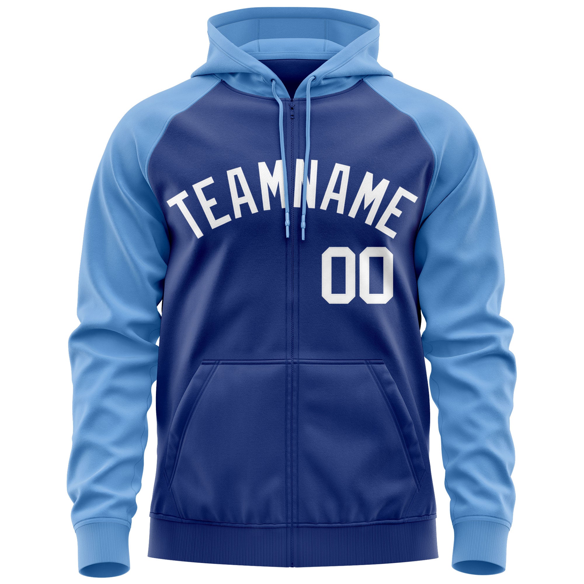 Custom Stitched Royal White-Light Blue Raglan Sleeves Sports Full-Zip Sweatshirt Hoodie| KXKSHOP