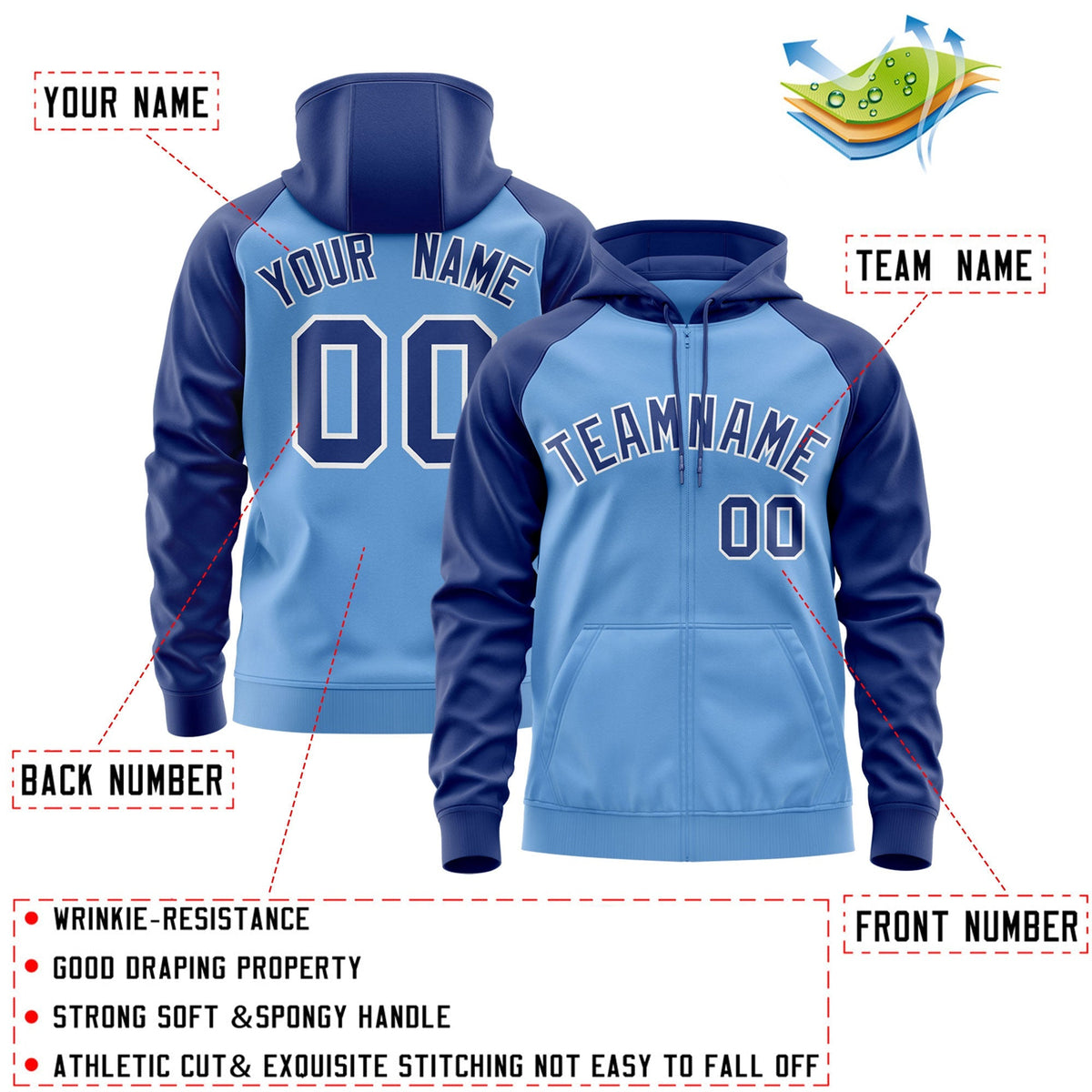 Custom Stitched Light Blue Royal-White Raglan Sleeves Sports Full-Zip Sweatshirt Hoodie| KXKSHOP