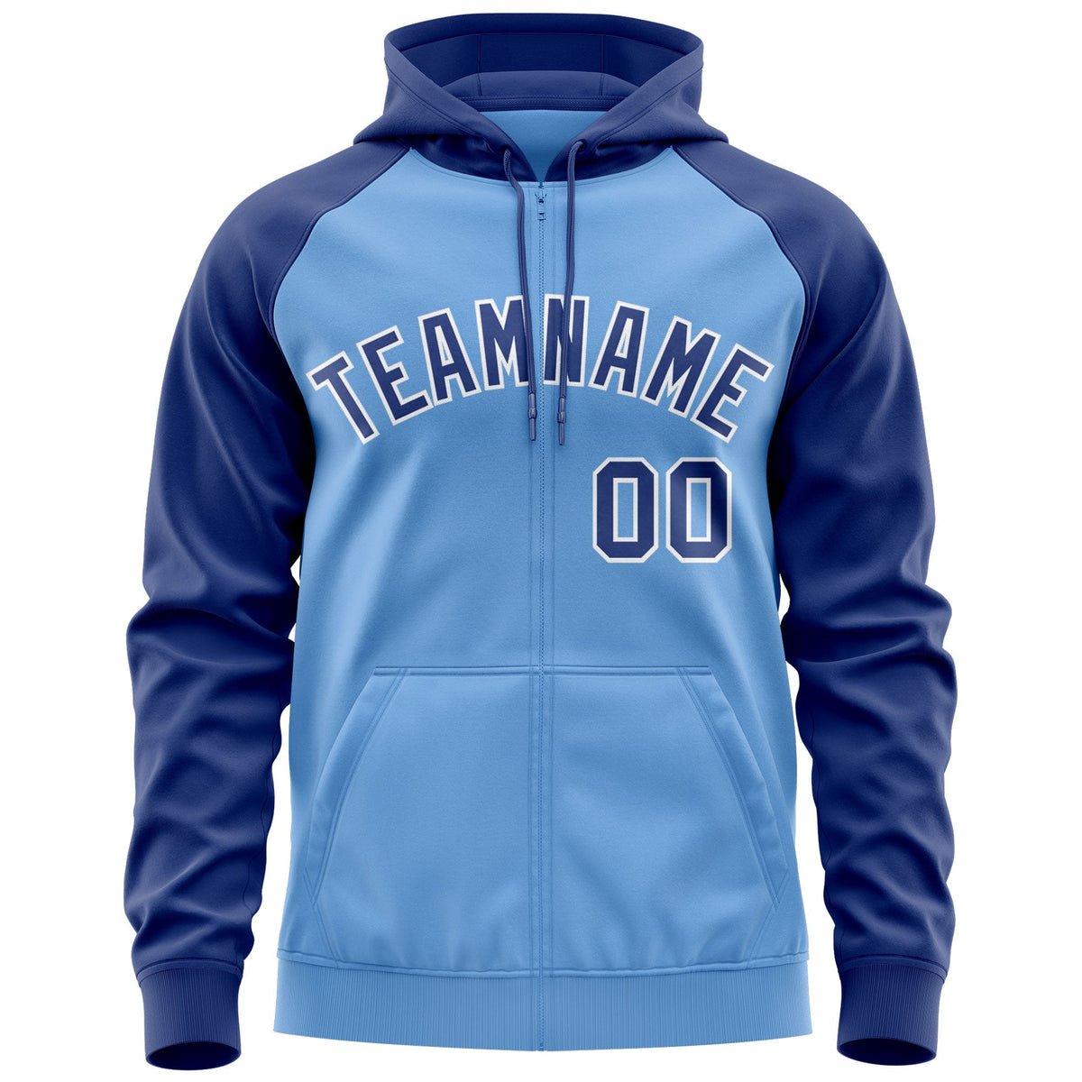Custom Stitched Light Blue Royal-White Raglan Sleeves Sports Full-Zip Sweatshirt Hoodie| KXKSHOP
