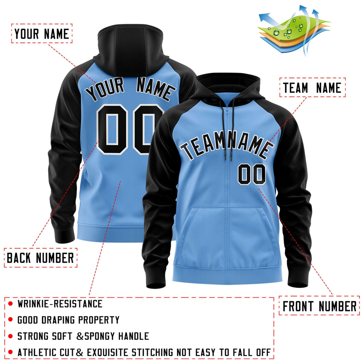 Custom Stitched Light Blue Black-White Raglan Sleeves Sports Full-Zip Sweatshirt Hoodie| KXKSHOP