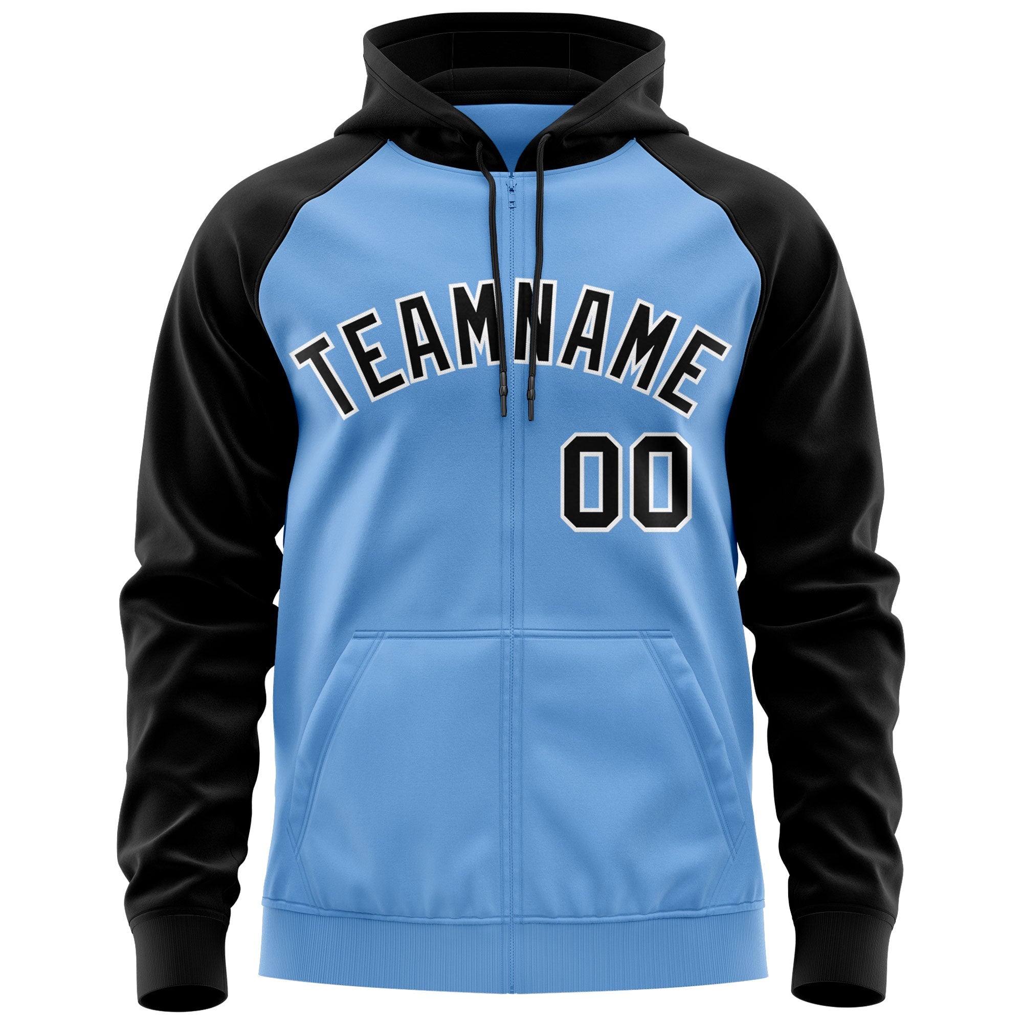 Custom Stitched Light Blue Black-White Raglan Sleeves Sports Full-Zip Sweatshirt Hoodie| KXKSHOP