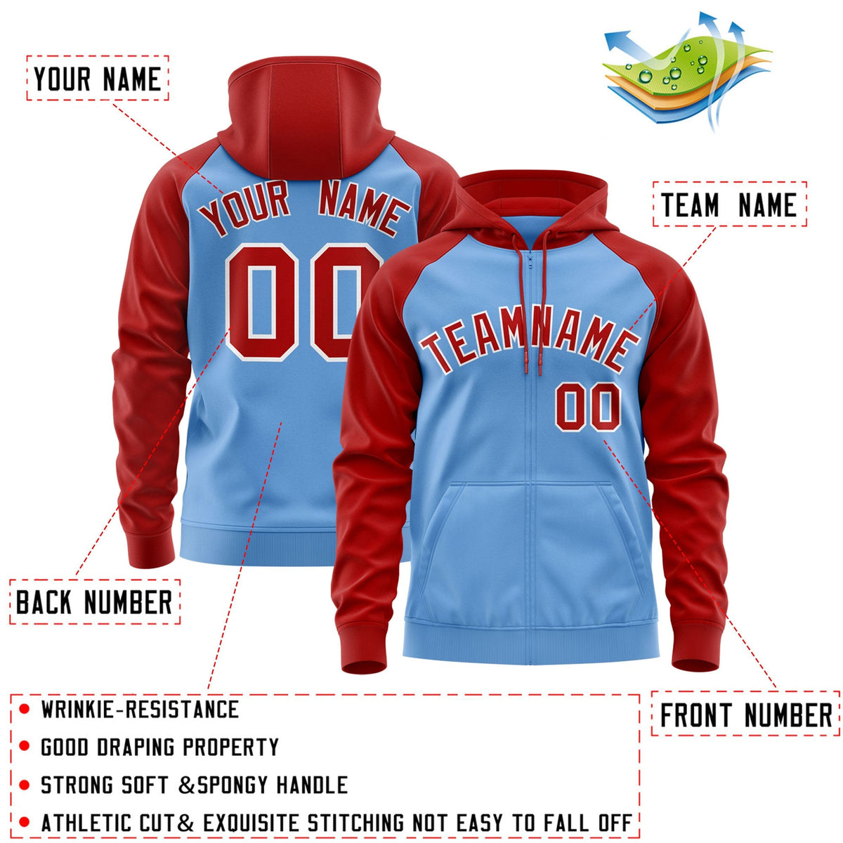 Custom Stitched Light Blue Red-White Raglan Sleeves Sports Full-Zip Sweatshirt Hoodie| KXKSHOP