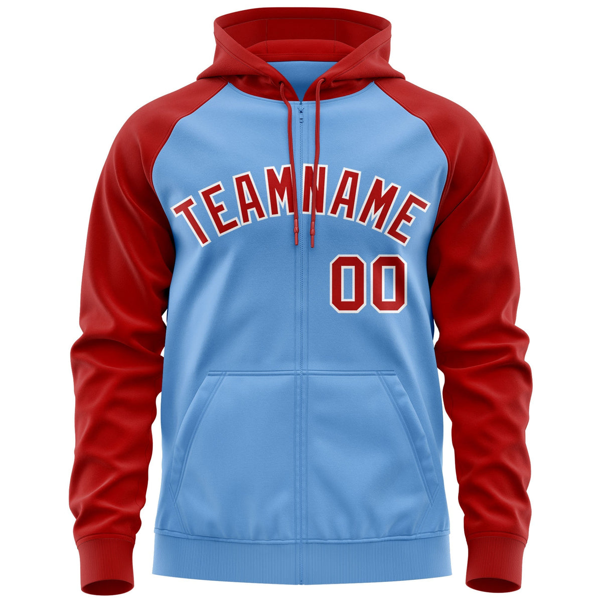 Custom Stitched Light Blue Red-White Raglan Sleeves Sports Full-Zip Sweatshirt Hoodie| KXKSHOP