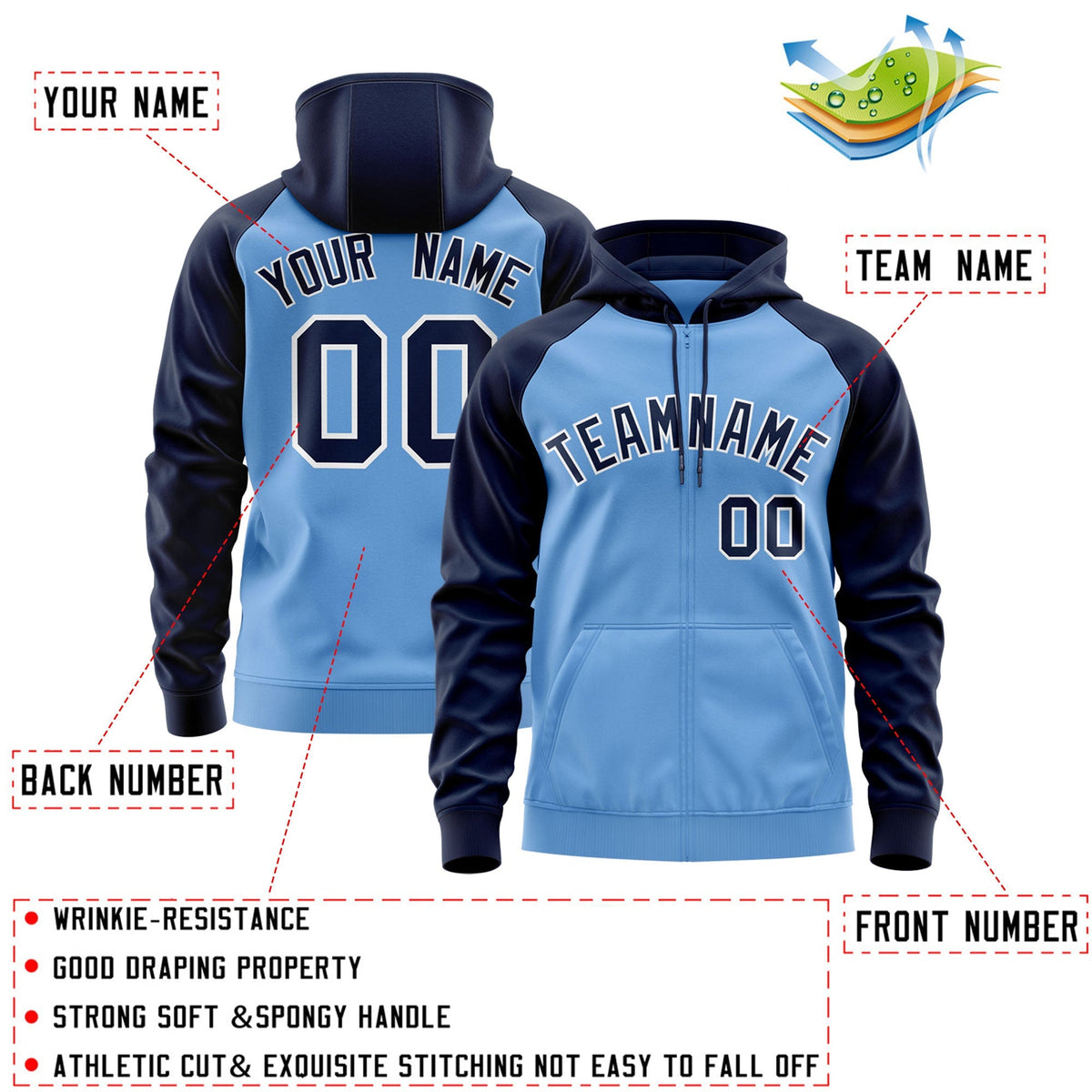 Custom Stitched Light Blue Navy-White Raglan Sleeves Sports Full-Zip Sweatshirt Hoodie| KXKSHOP