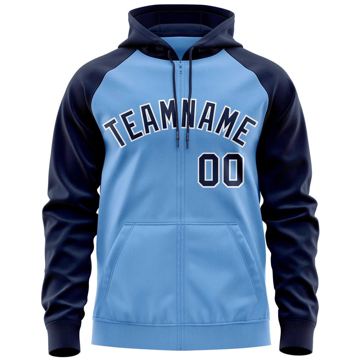 Custom Stitched Light Blue Navy-White Raglan Sleeves Sports Full-Zip Sweatshirt Hoodie| KXKSHOP