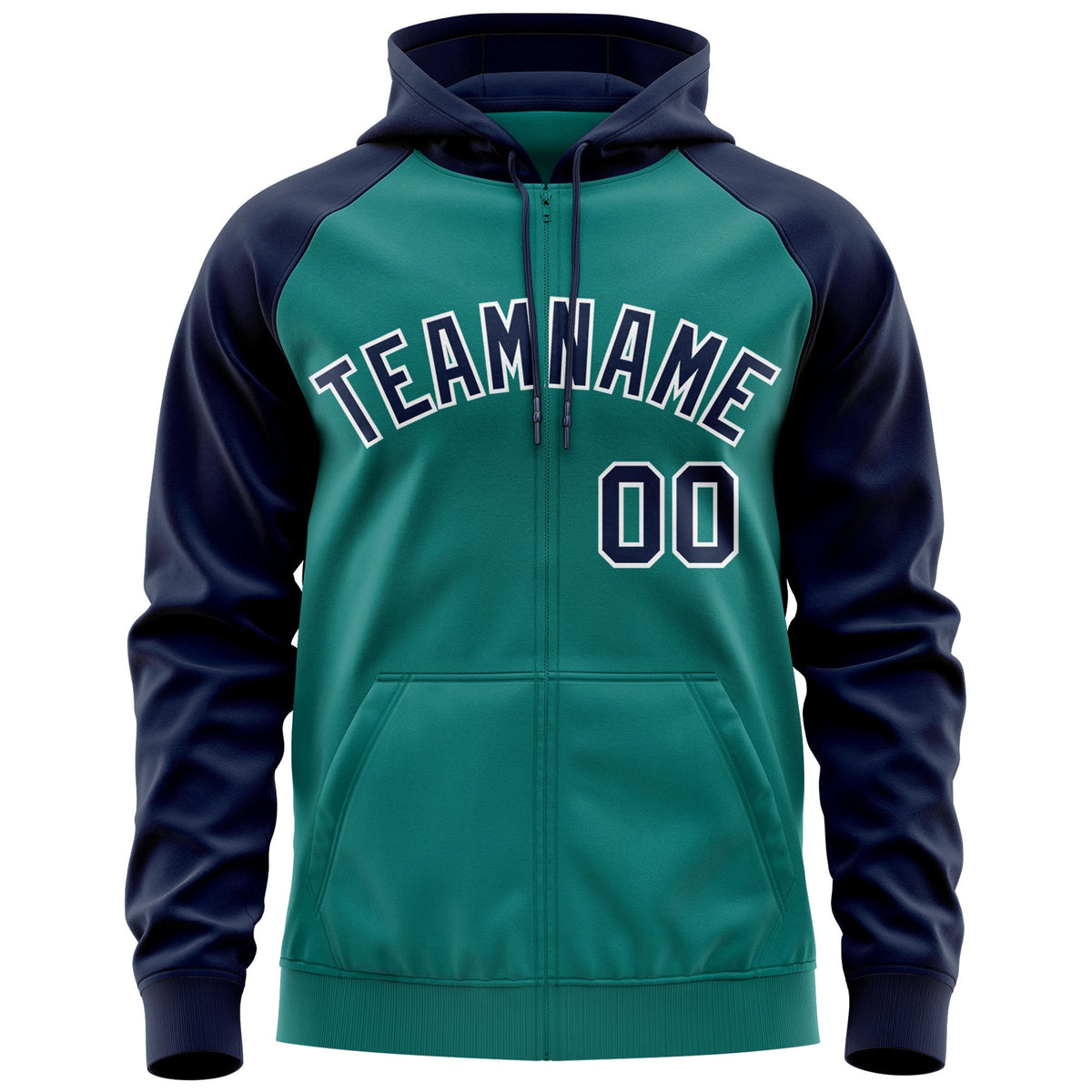 Custom Stitched Aqua Navy-White Raglan Sleeves Sports Full-Zip Sweatshirt Hoodie| KXKSHOP