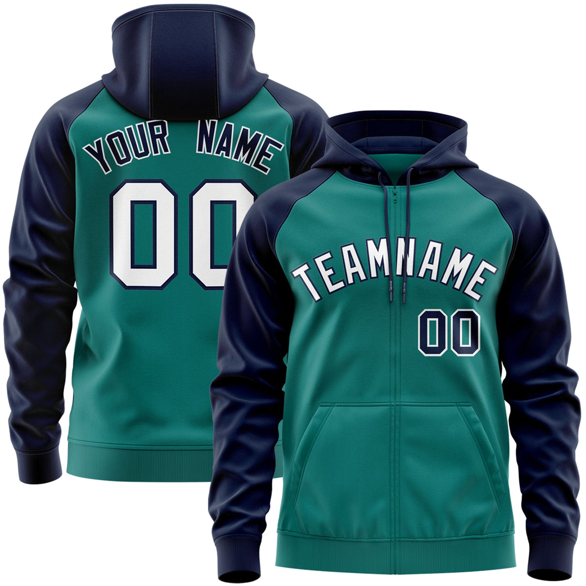 Custom Stitched Aqua White-Navy Raglan Sleeves Sports Full-Zip Sweatshirt Hoodie| KXKSHOP