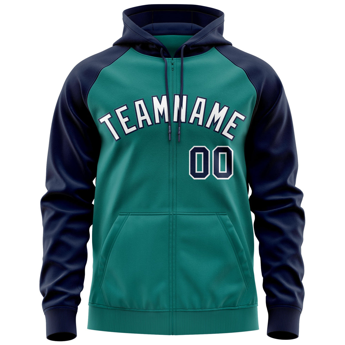 Custom Stitched Aqua White-Navy Raglan Sleeves Sports Full-Zip Sweatshirt Hoodie| KXKSHOP