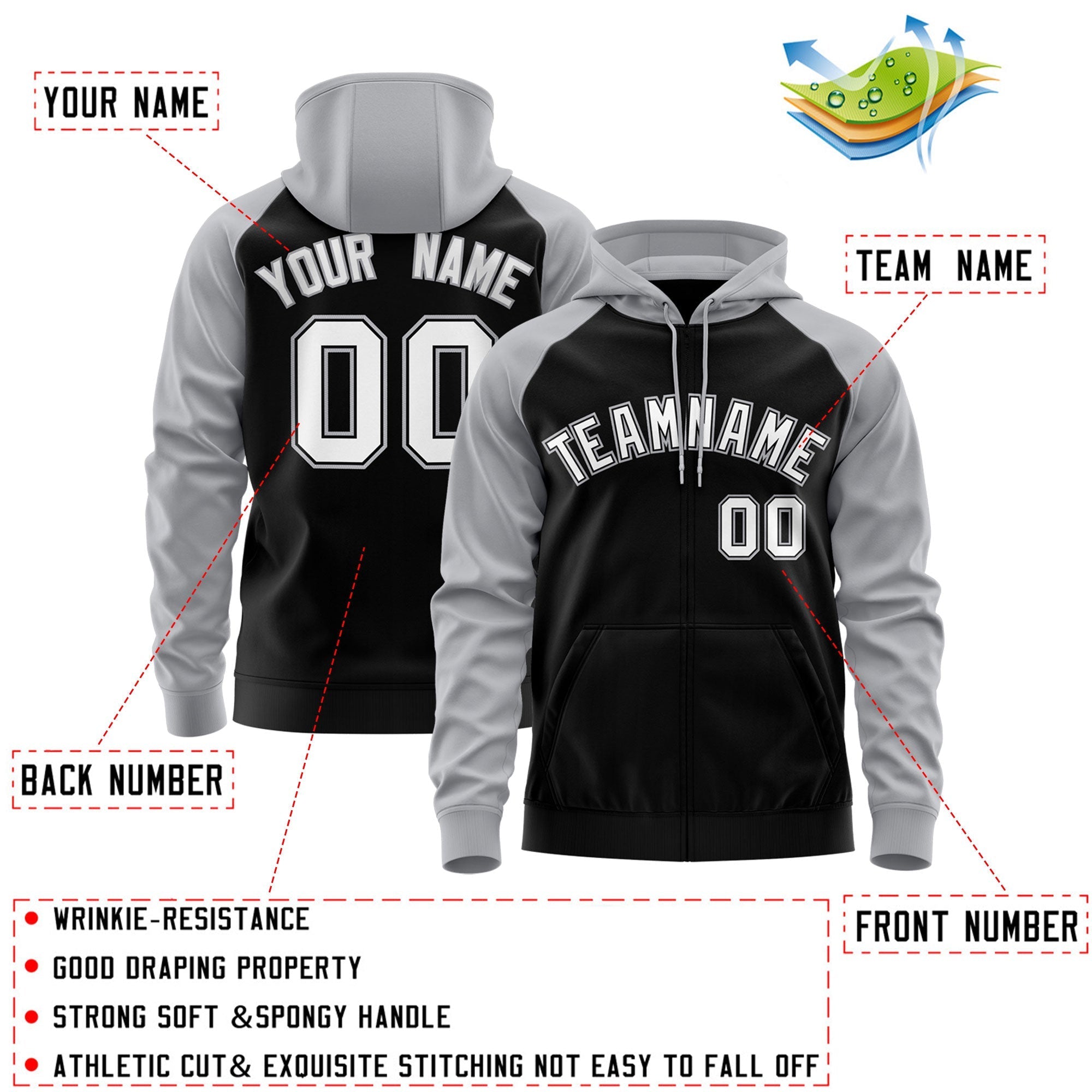 Custom Stitched Black White-Gray Raglan Sleeves Sports Full-Zip Sweatshirt Hoodie| KXKSHOP