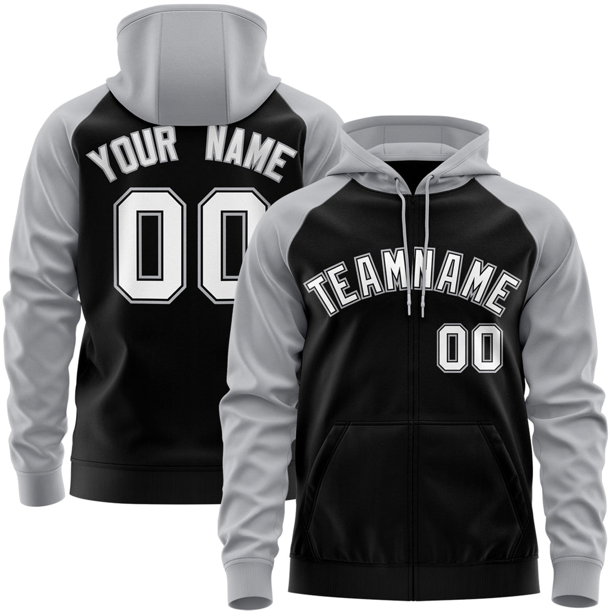 Custom Stitched Black White-Gray Raglan Sleeves Sports Full-Zip Sweatshirt Hoodie| KXKSHOP