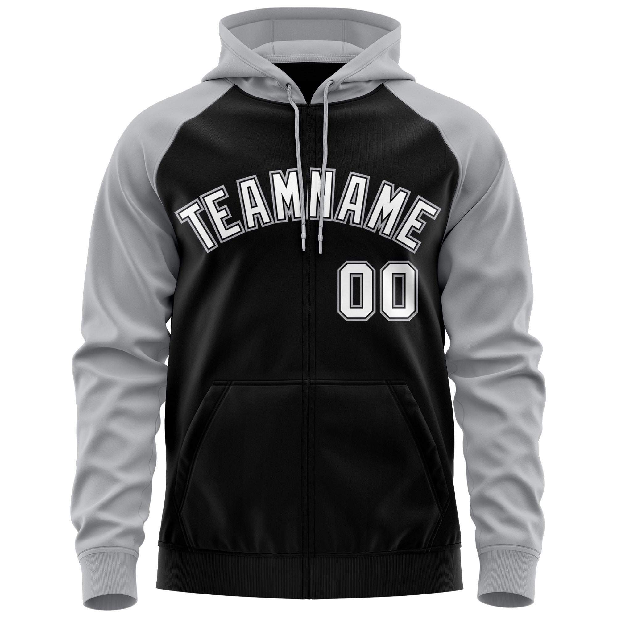 Custom Stitched Black White-Gray Raglan Sleeves Sports Full-Zip Sweatshirt Hoodie| KXKSHOP