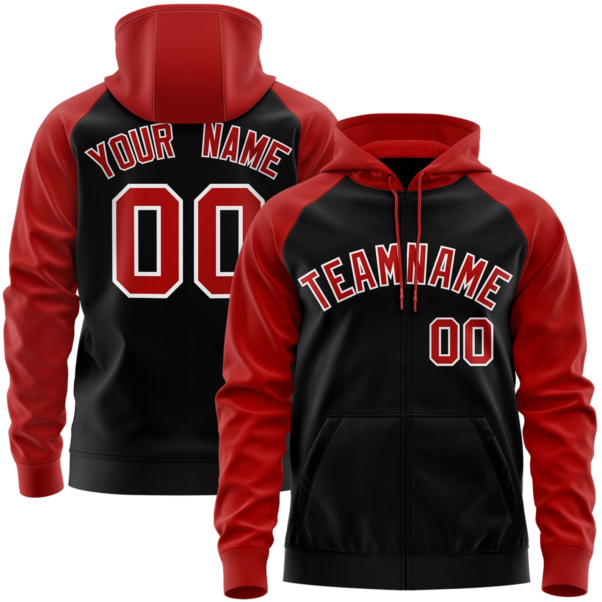 Custom Stitched Black Red-White Raglan Sleeves Sports Full-Zip Sweatshirt Hoodie| KXKSHOP
