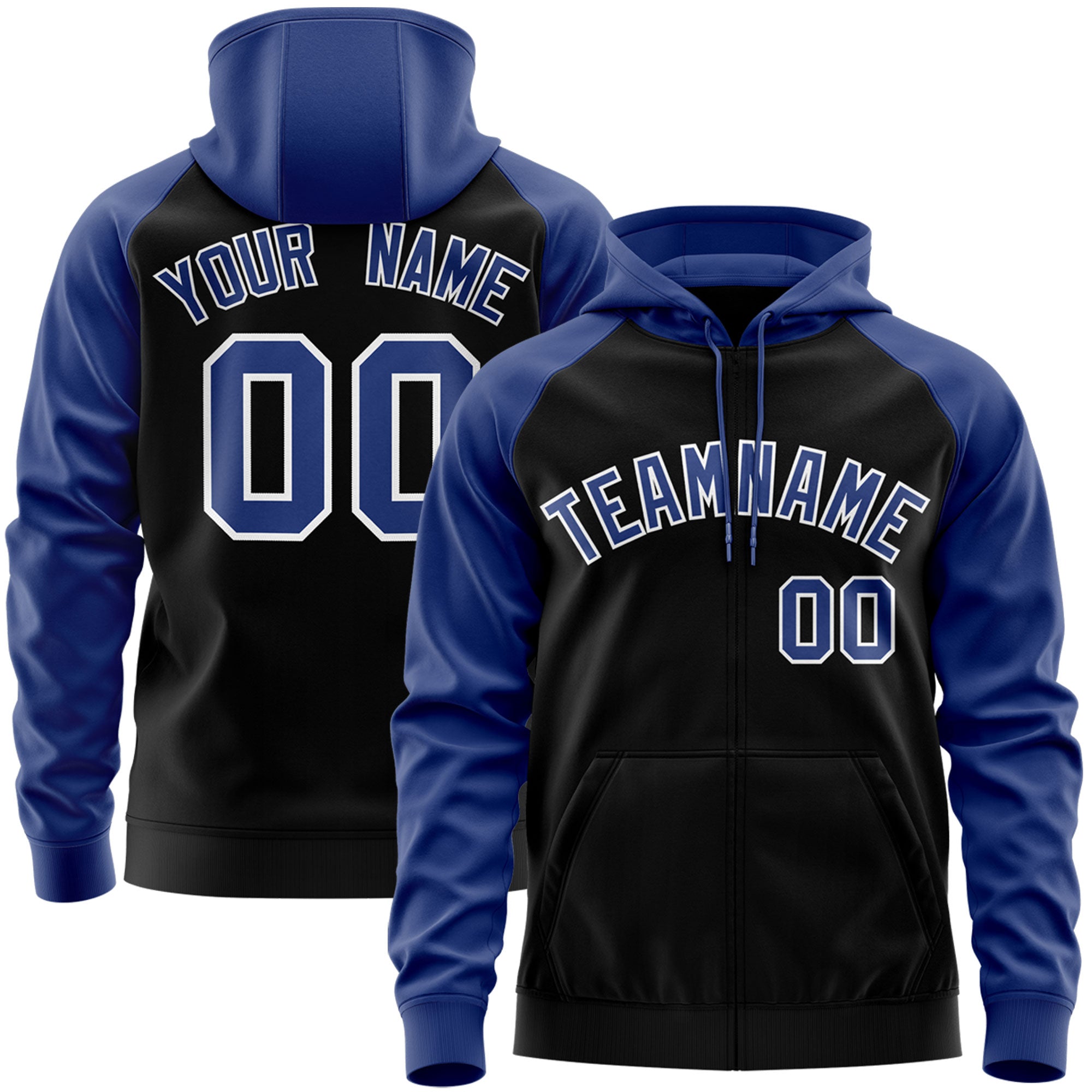 Custom Stitched Black Royal-White Raglan Sleeves Sports Full-Zip Sweatshirt Hoodie| KXKSHOP