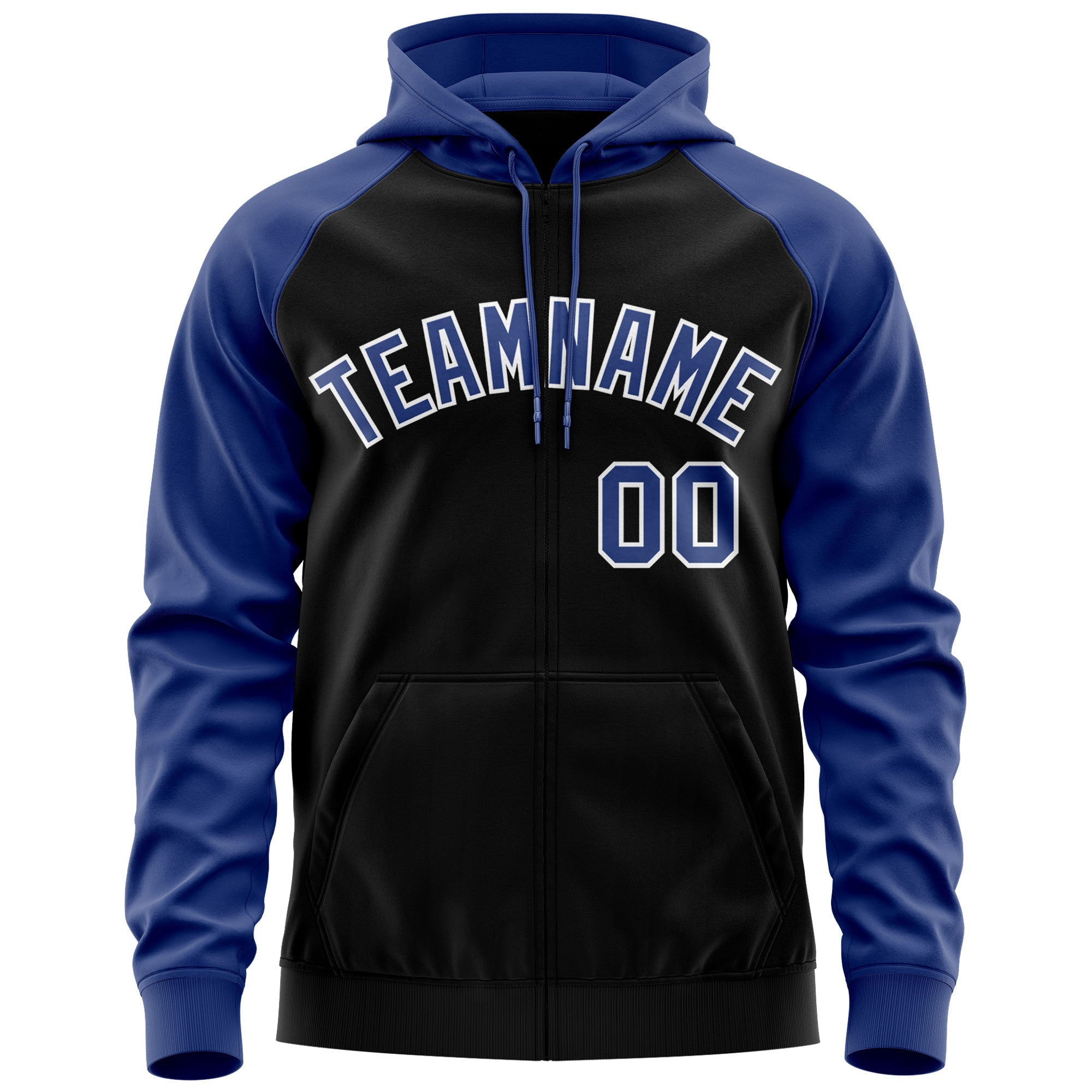Custom Stitched Black Royal-White Raglan Sleeves Sports Full-Zip Sweatshirt Hoodie| KXKSHOP
