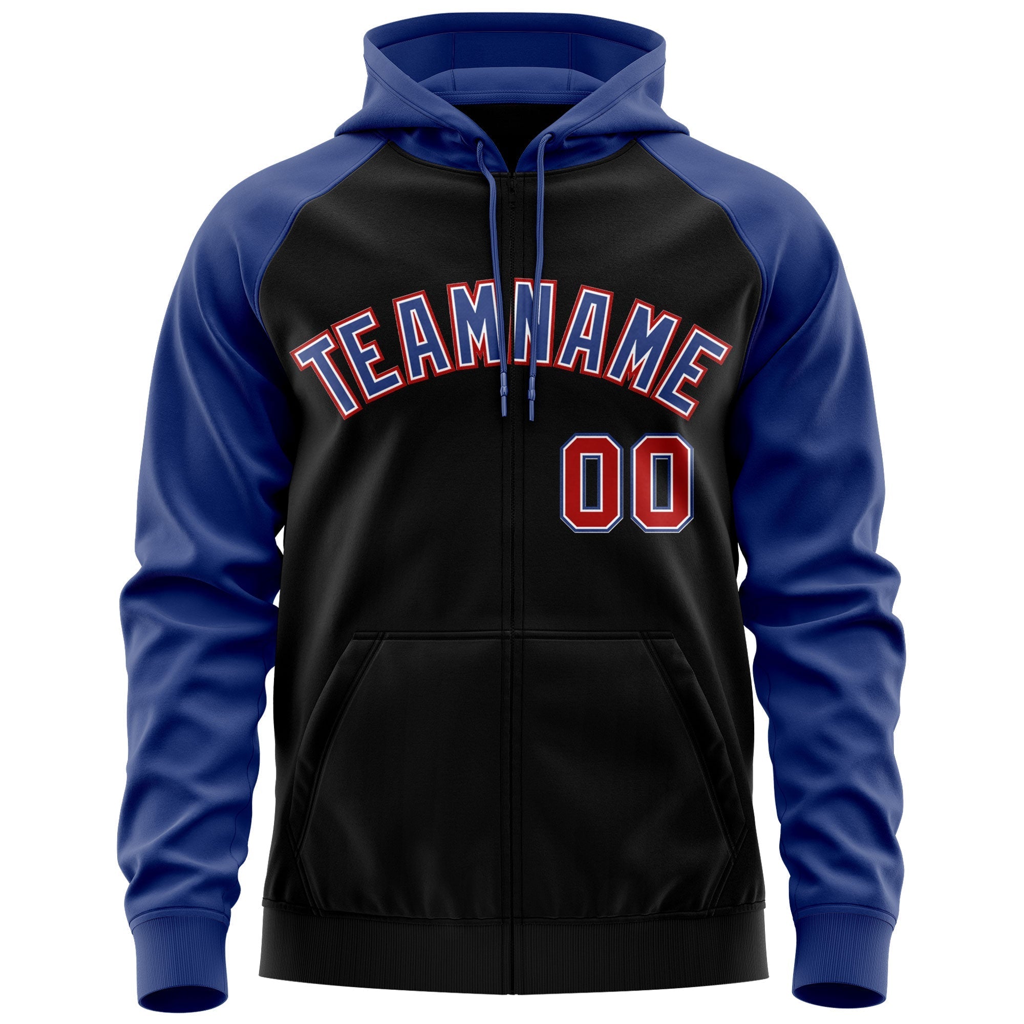 Custom Stitched Black Royal-Red Raglan Sleeves Sports Full-Zip Sweatshirt Hoodie| KXKSHOP