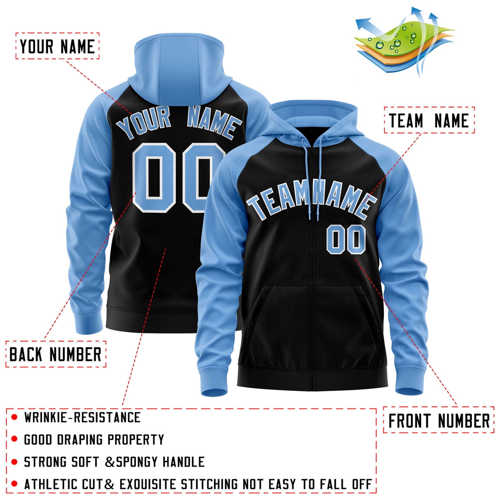Custom Stitched Black Powder Blue-White Raglan Sleeves Sports Full-Zip Sweatshirt Hoodie| KXKSHOP