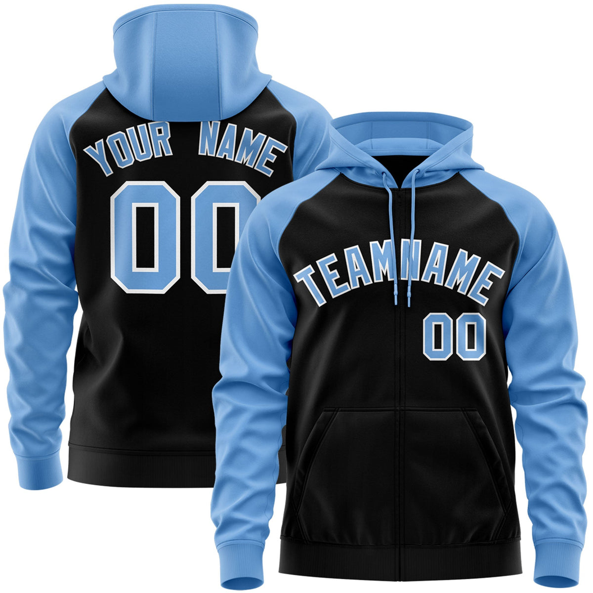 Custom Stitched Black Powder Blue-White Raglan Sleeves Sports Full-Zip Sweatshirt Hoodie| KXKSHOP