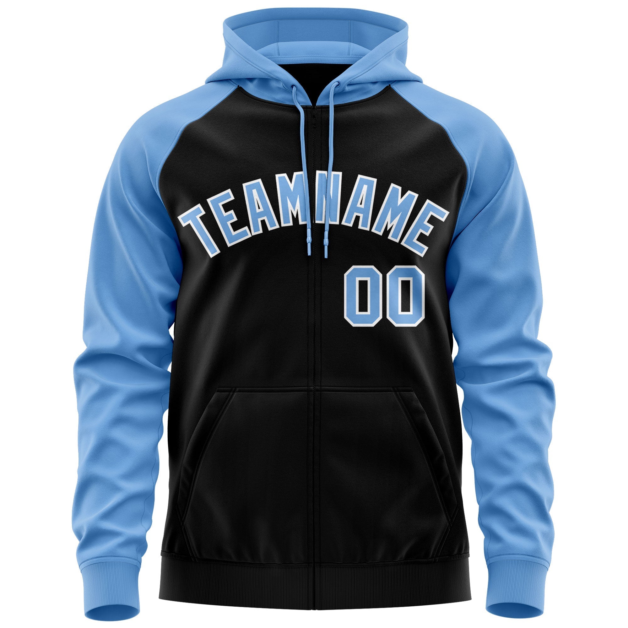 Custom Stitched Black Powder Blue-White Raglan Sleeves Sports Full-Zip Sweatshirt Hoodie| KXKSHOP