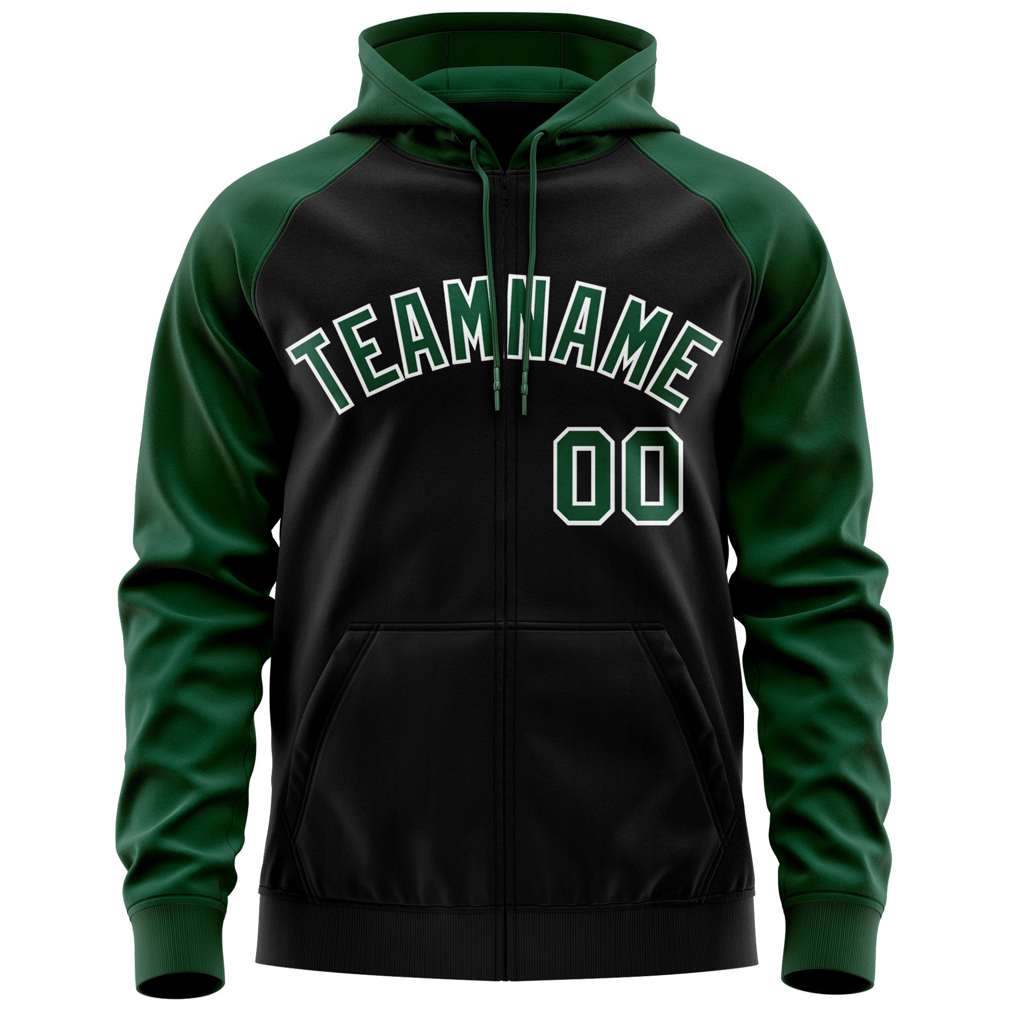 Custom Stitched Black Green-White Raglan Sleeves Sports Full-Zip Sweatshirt Hoodie| KXKSHOP
