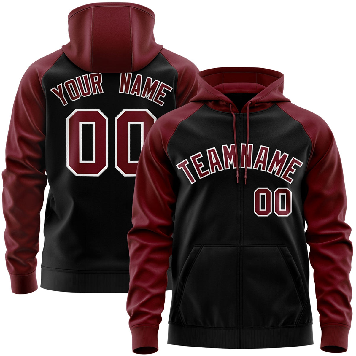 Custom Stitched Black Crimson-White Raglan Sleeves Sports Full-Zip Sweatshirt Hoodie| KXKSHOP