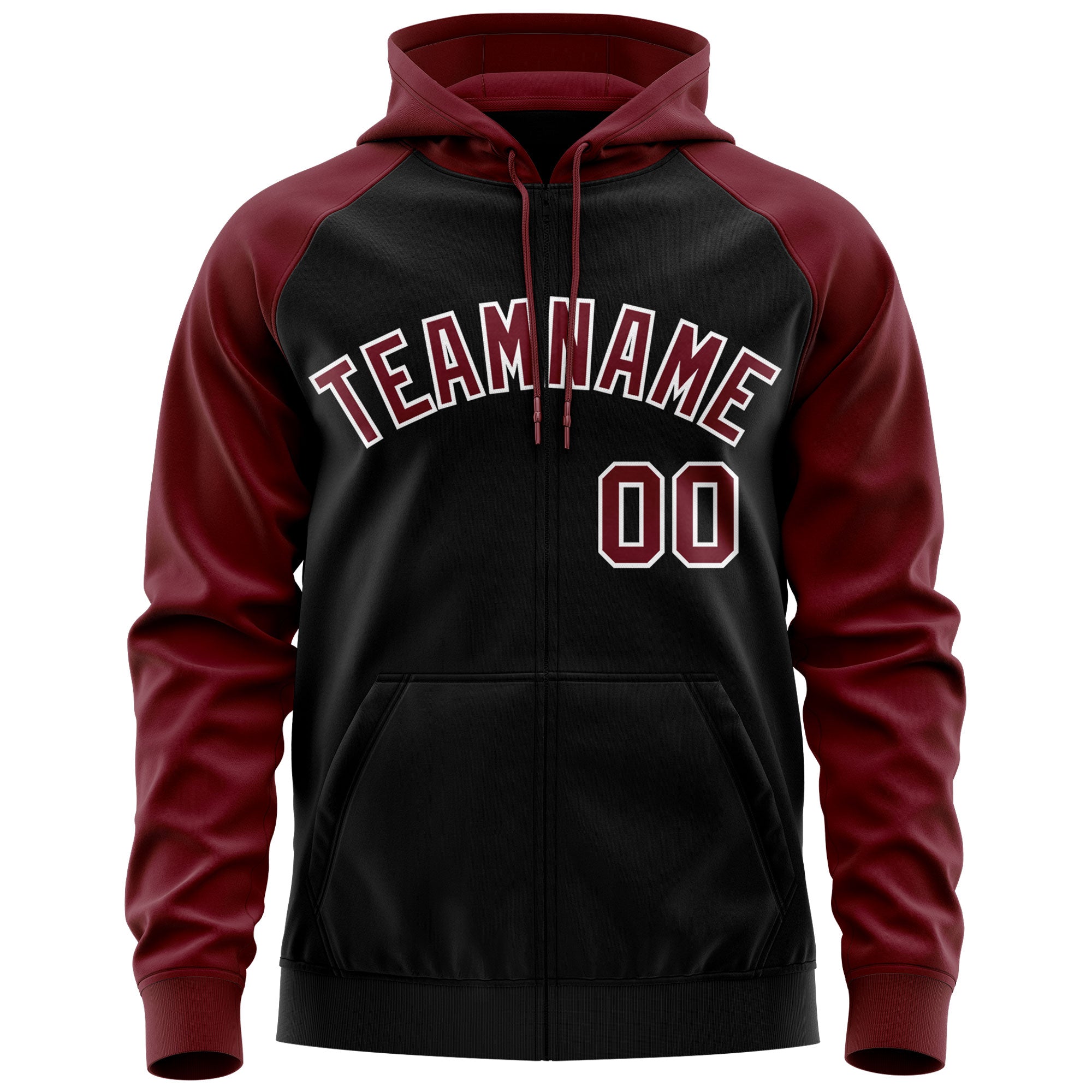 Custom Stitched Black Crimson-White Raglan Sleeves Sports Full-Zip Sweatshirt Hoodie| KXKSHOP