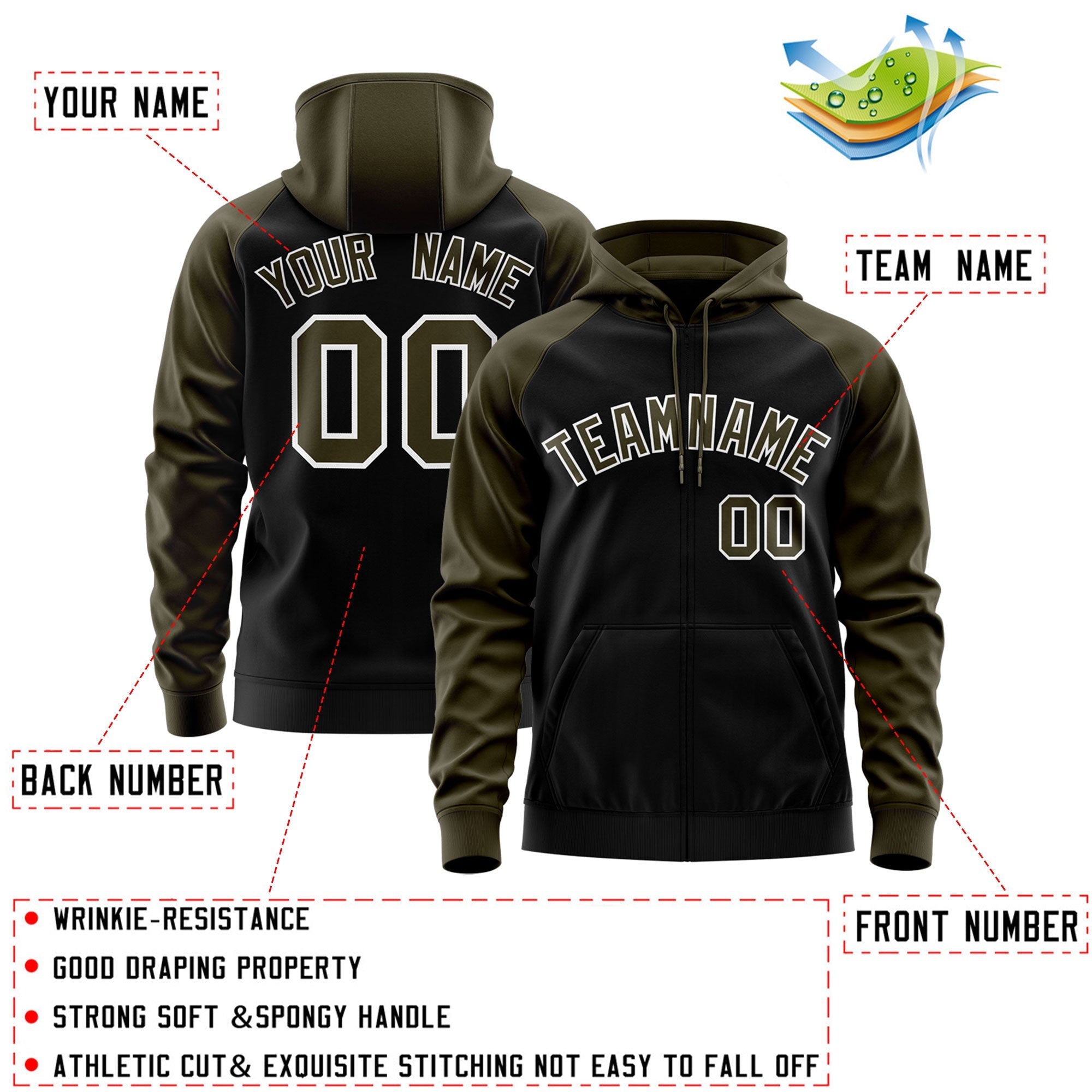 Custom Stitched Black Olive-White Raglan Sleeves Sports Full-Zip Sweatshirt Hoodie| KXKSHOP