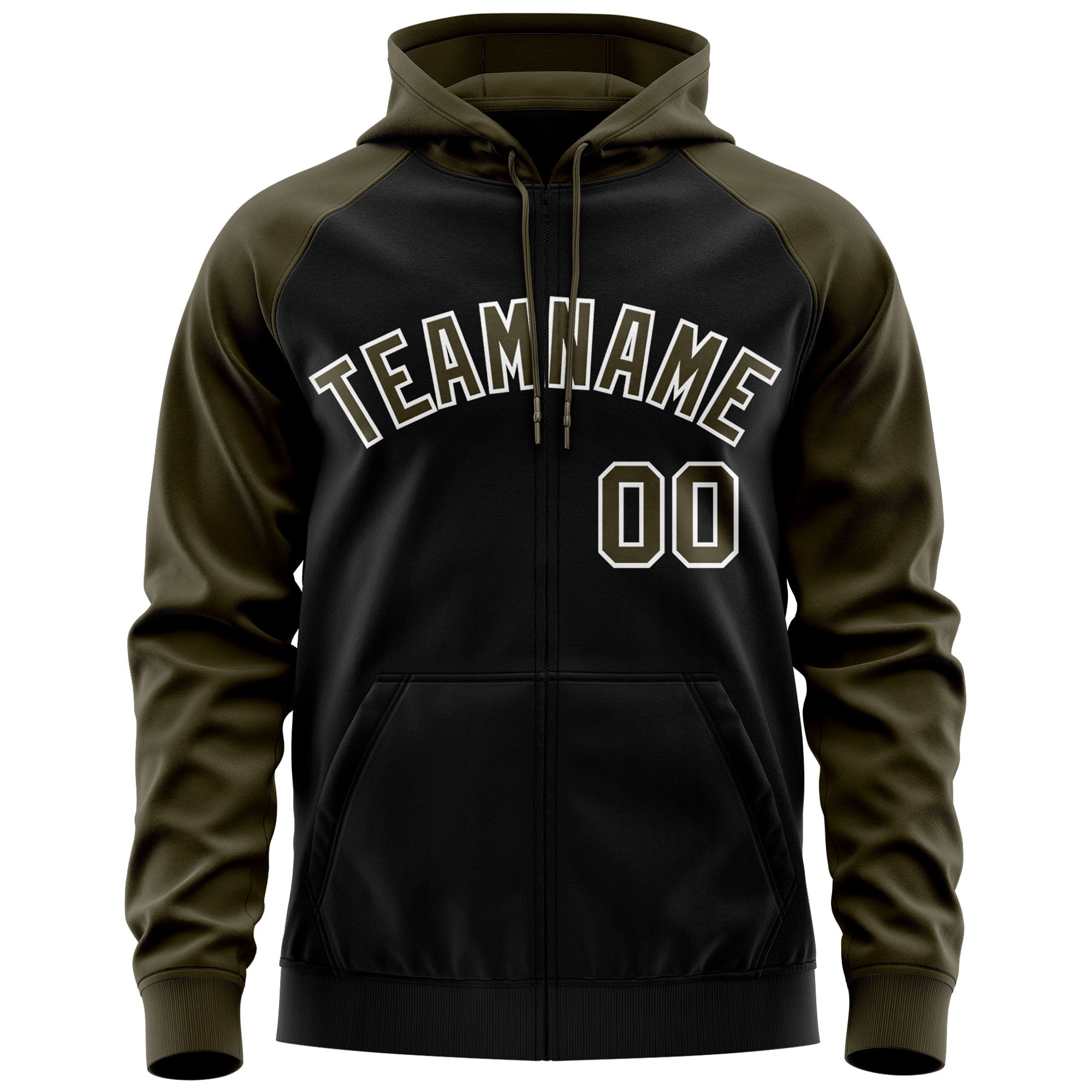 Custom Stitched Black Olive-White Raglan Sleeves Sports Full-Zip Sweatshirt Hoodie| KXKSHOP
