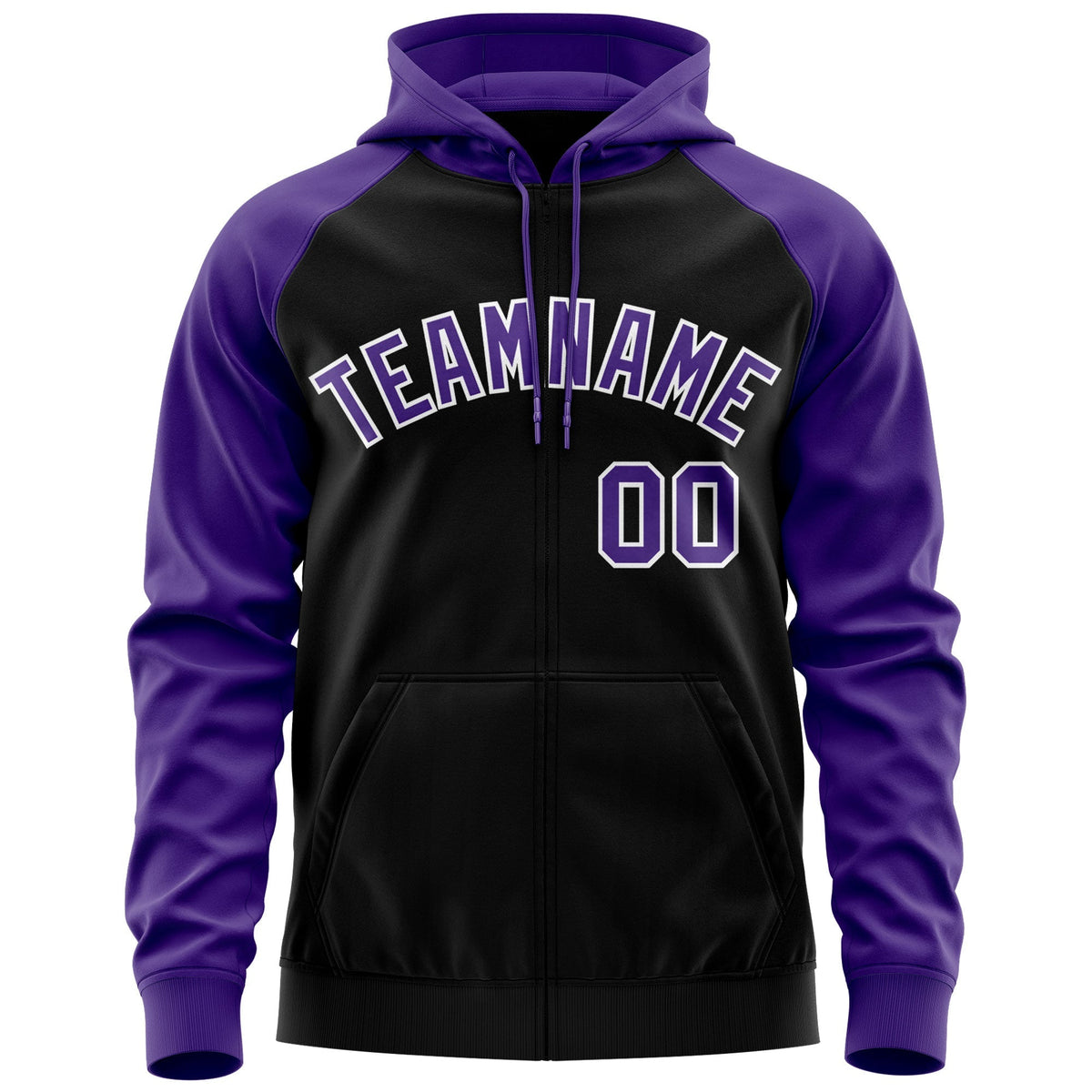 Custom Stitched Black Purple-White Raglan Sleeves Sports Full-Zip Sweatshirt Hoodie| KXKSHOP