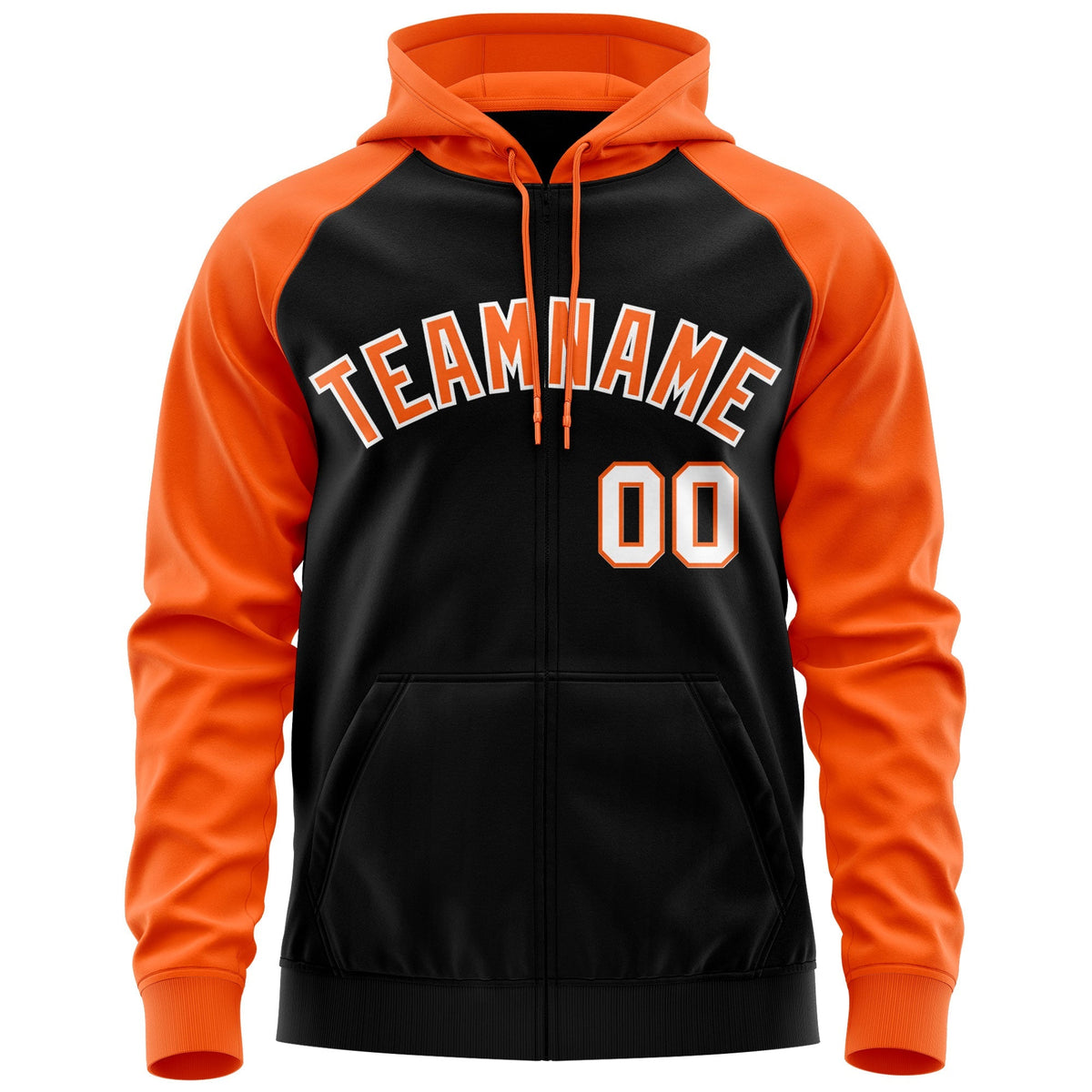 Custom Stitched Black Orange-White Raglan Sleeves Sports Full-Zip Sweatshirt Hoodie| KXKSHOP