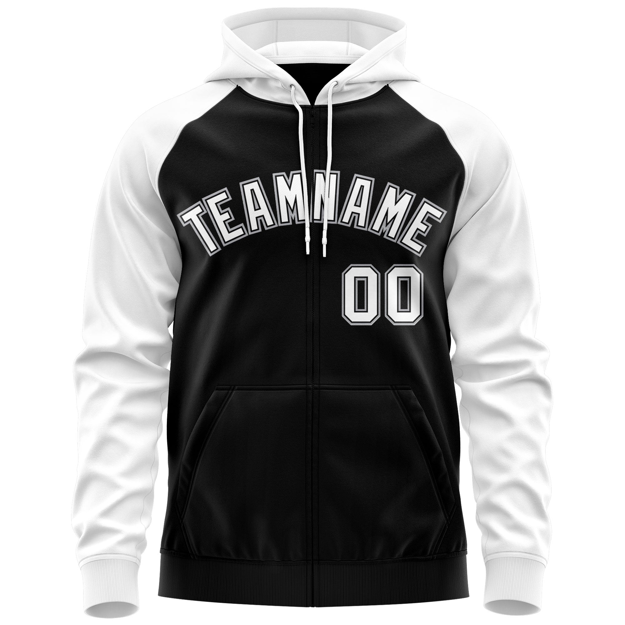 Custom Stitched Black White-Gray Raglan Sleeves Sports Full-Zip Sweatshirt Hoodie| KXKSHOP