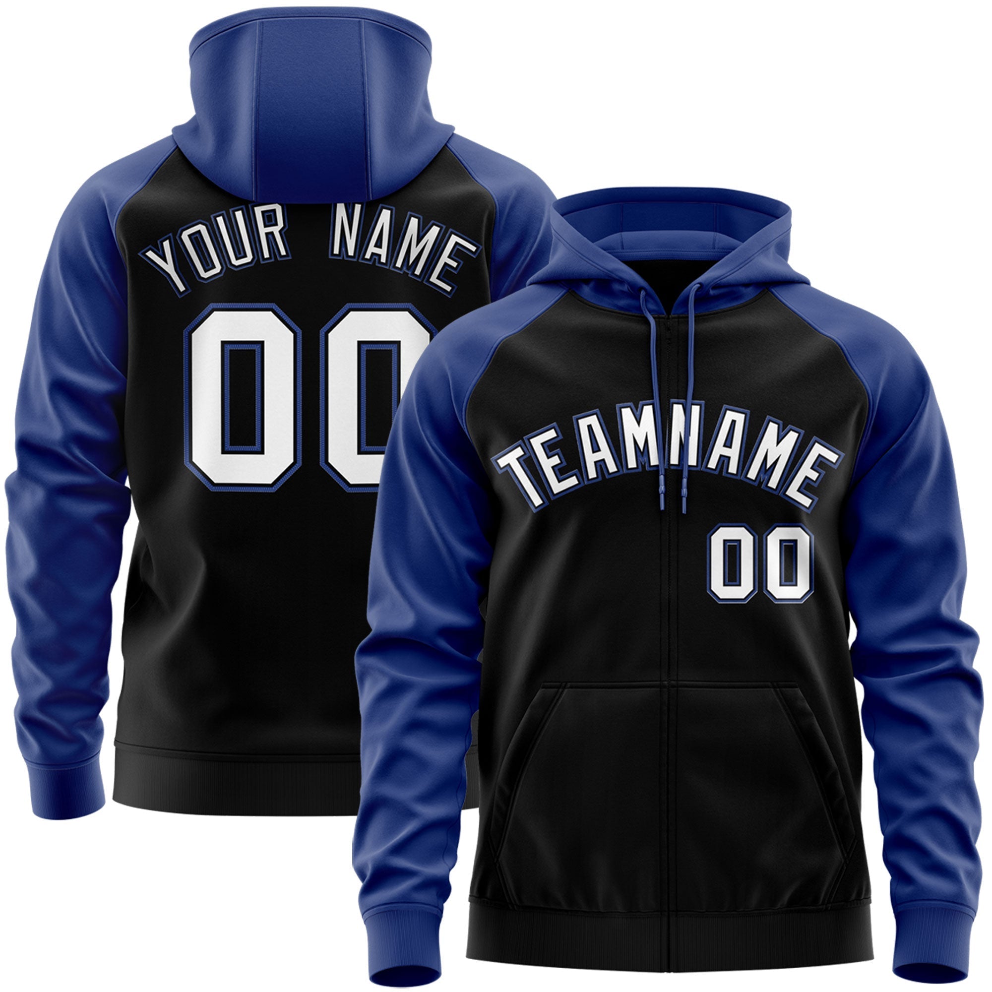 Custom Stitched Black White-Royal Raglan Sleeves Sports Full-Zip Sweatshirt Hoodie| KXKSHOP
