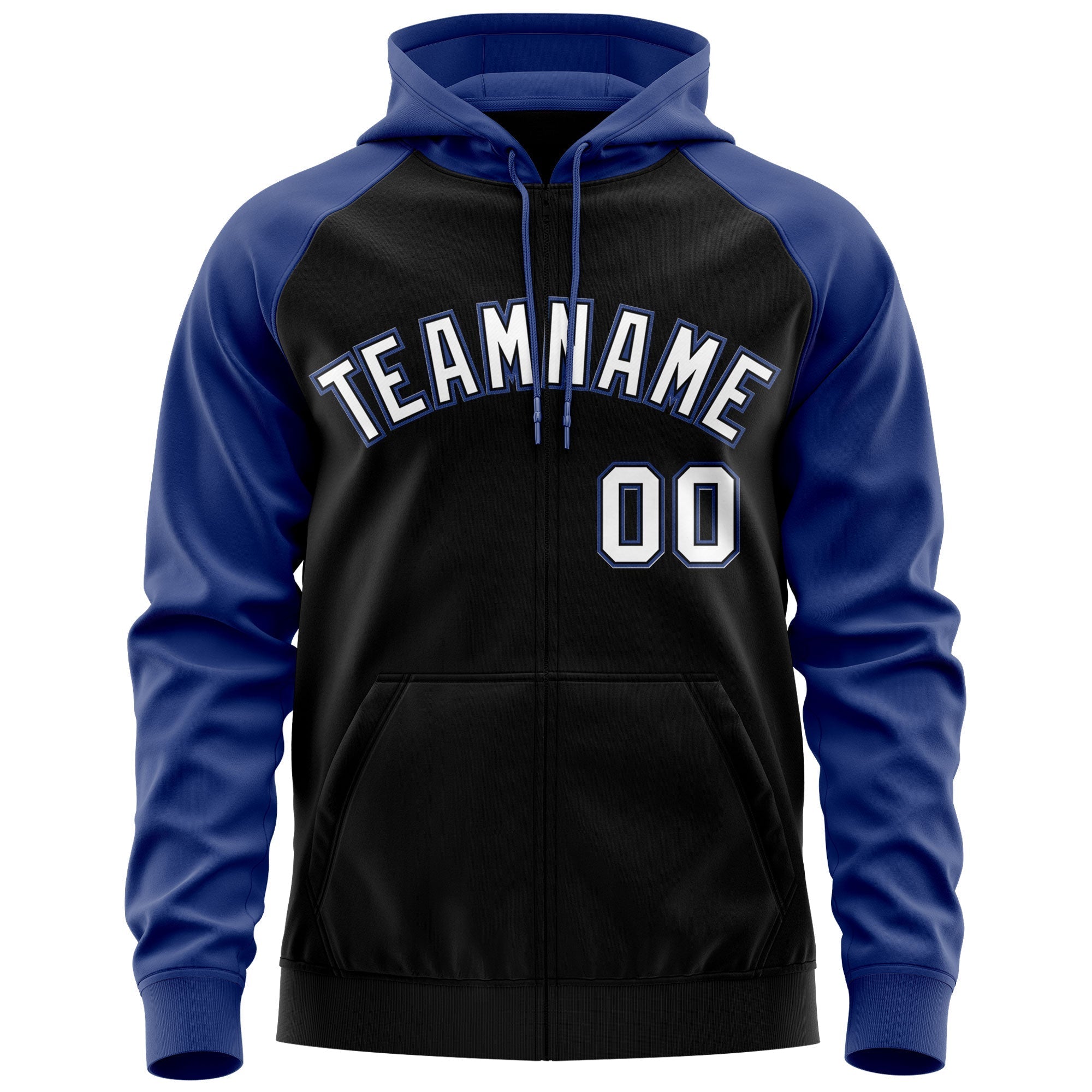 Custom Stitched Black White-Royal Raglan Sleeves Sports Full-Zip Sweatshirt Hoodie| KXKSHOP