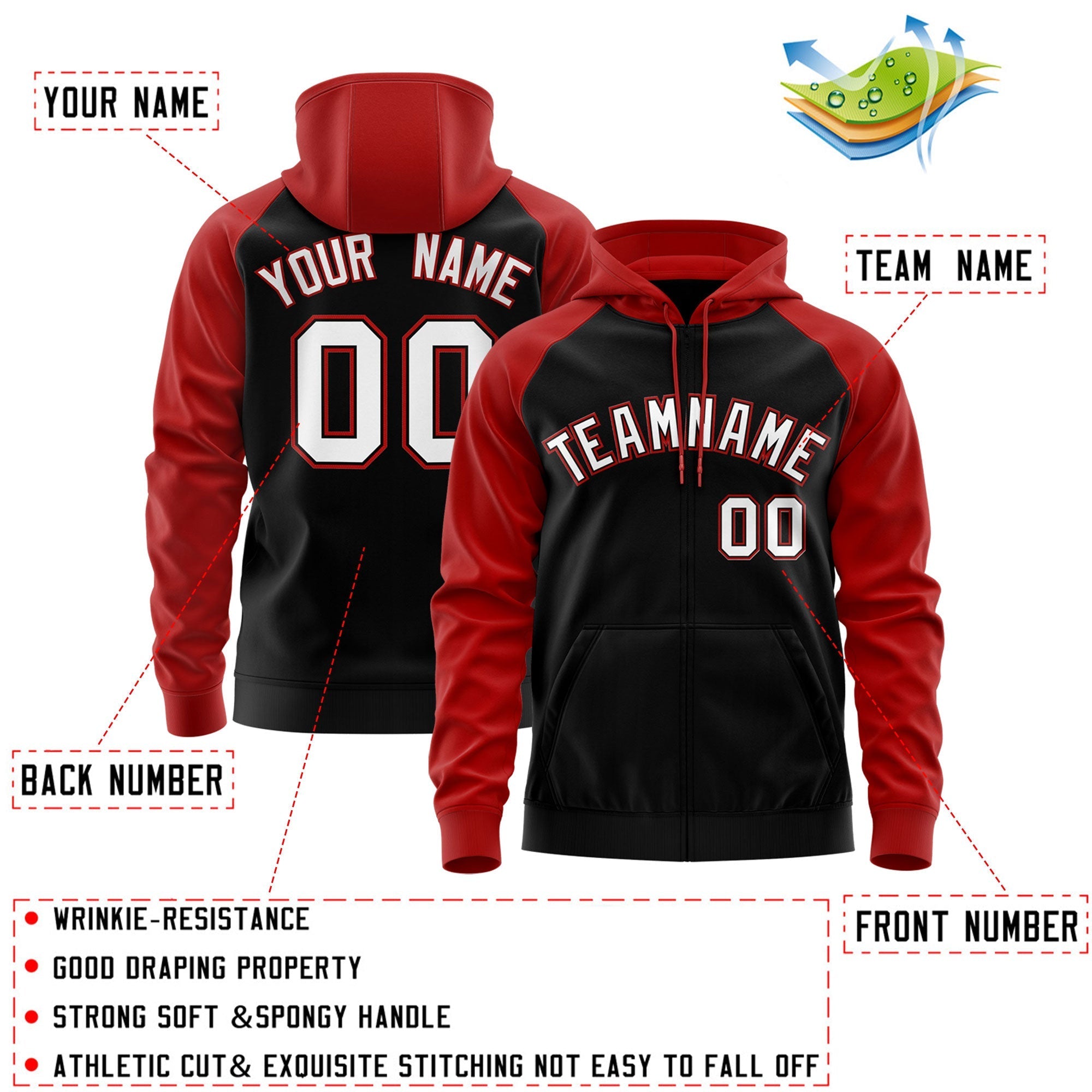 Custom Stitched Black White-Red Raglan Sleeves Sports Full-Zip Sweatshirt Hoodie| KXKSHOP
