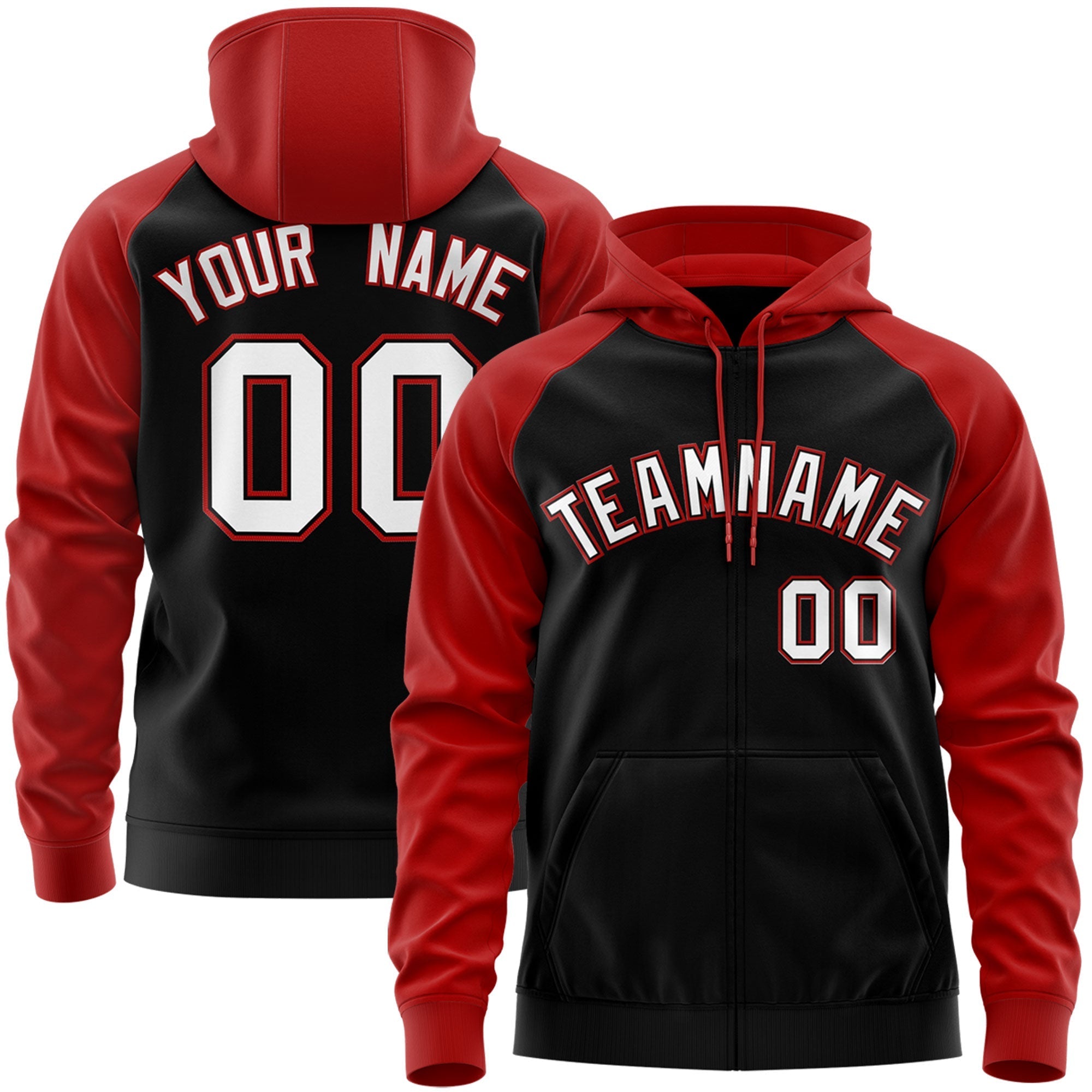Custom Stitched Black White-Red Raglan Sleeves Sports Full-Zip Sweatshirt Hoodie| KXKSHOP