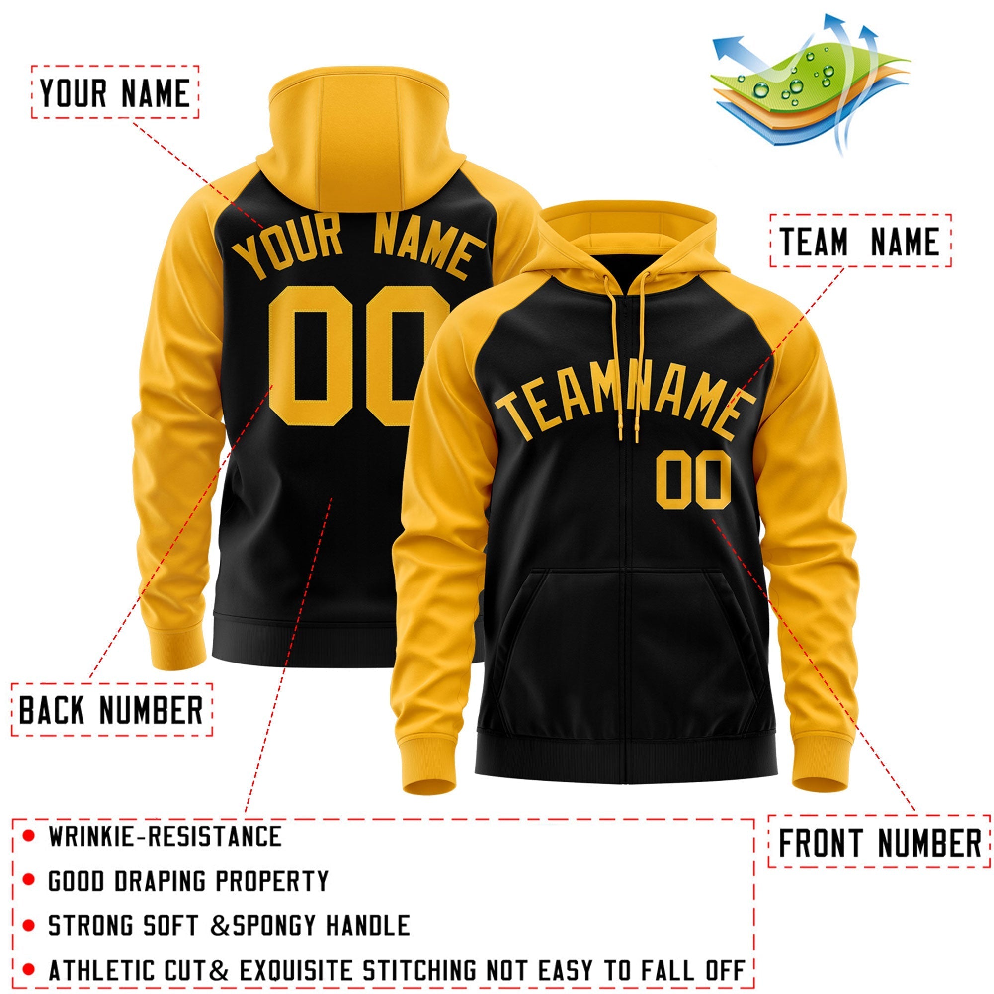 Custom Stitched Black Gold Raglan Sleeves Sports Full-Zip Sweatshirt Hoodie| KXKSHOP