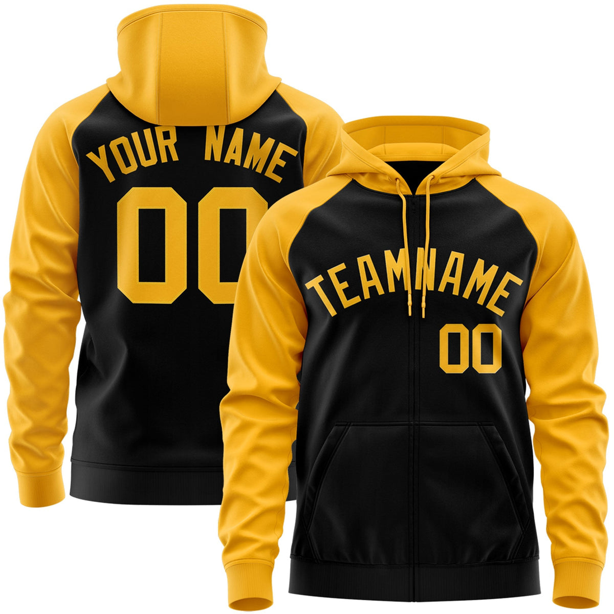 Custom Stitched Black Gold Raglan Sleeves Sports Full-Zip Sweatshirt Hoodie| KXKSHOP