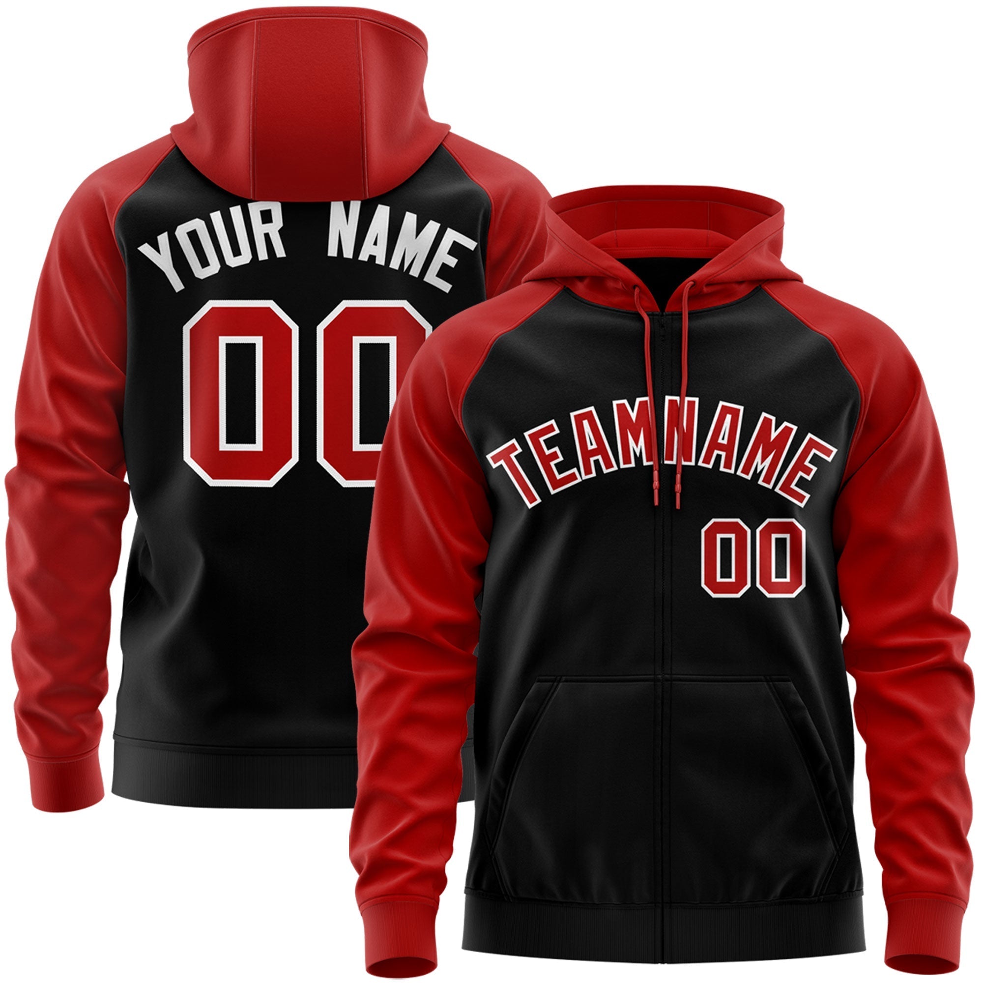 Custom Stitched Black Red-White Raglan Sleeves Sports Full-Zip Sweatshirt Hoodie| KXKSHOP
