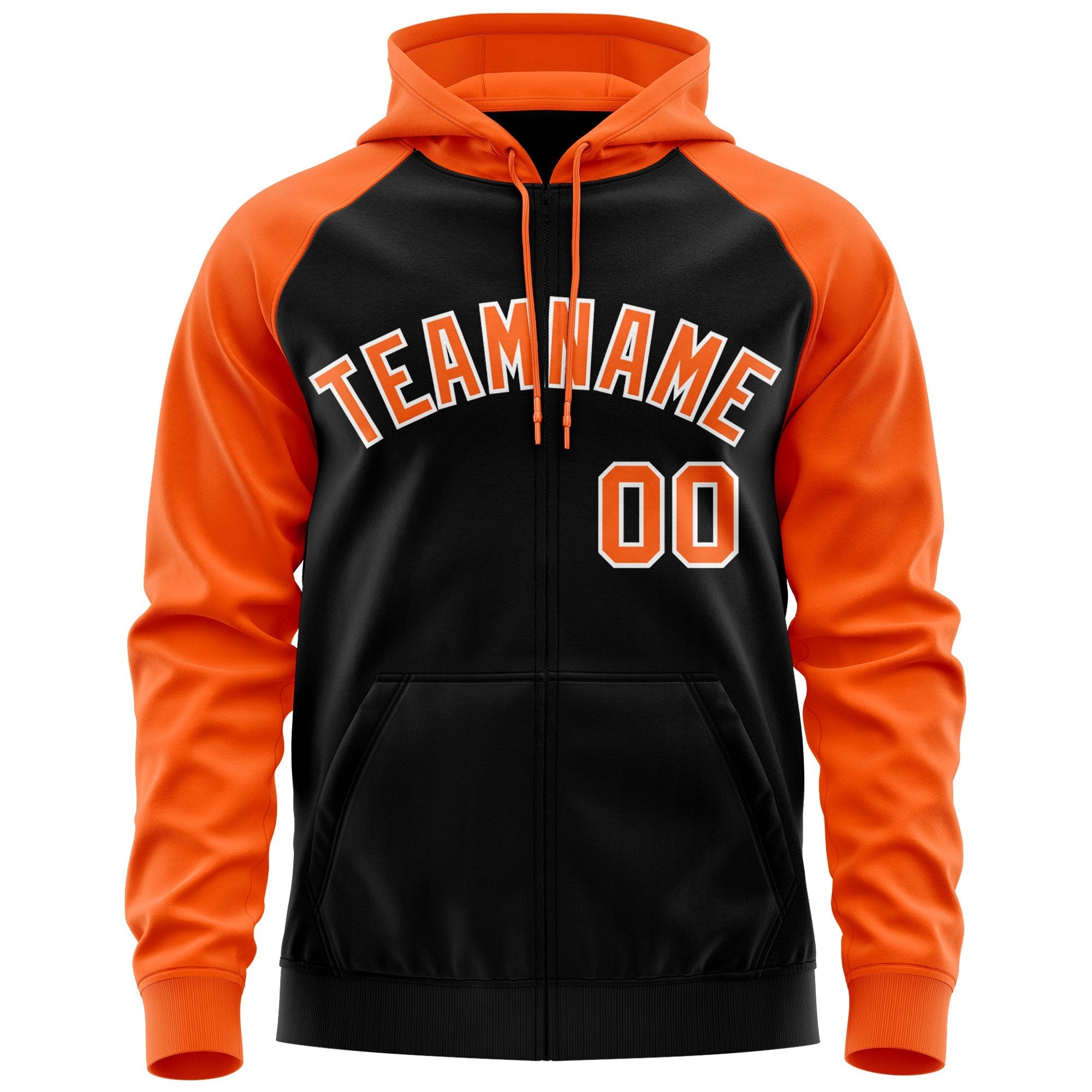 Custom Stitched Black Orange-White Raglan Sleeves Sports Full-Zip Sweatshirt Hoodie| KXKSHOP