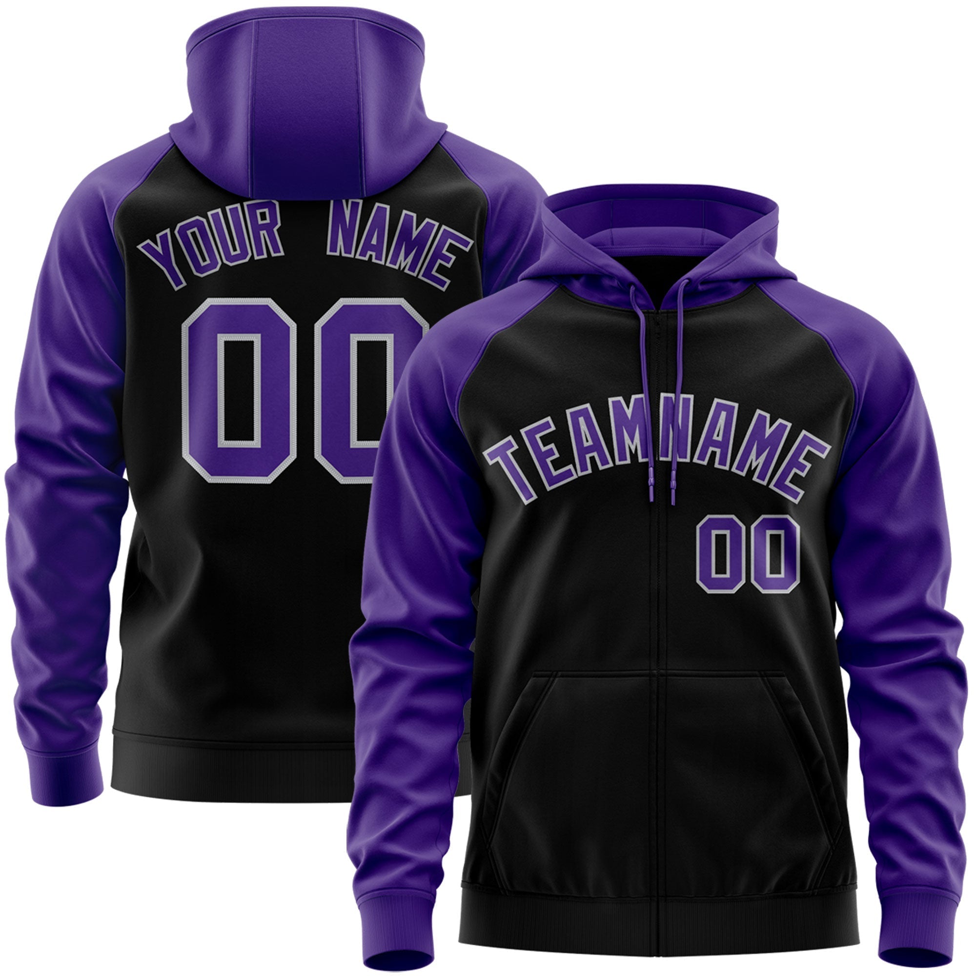 Custom Stitched Black Purple-Gray Raglan Sleeves Sports Full-Zip Sweatshirt Hoodie| KXKSHOP