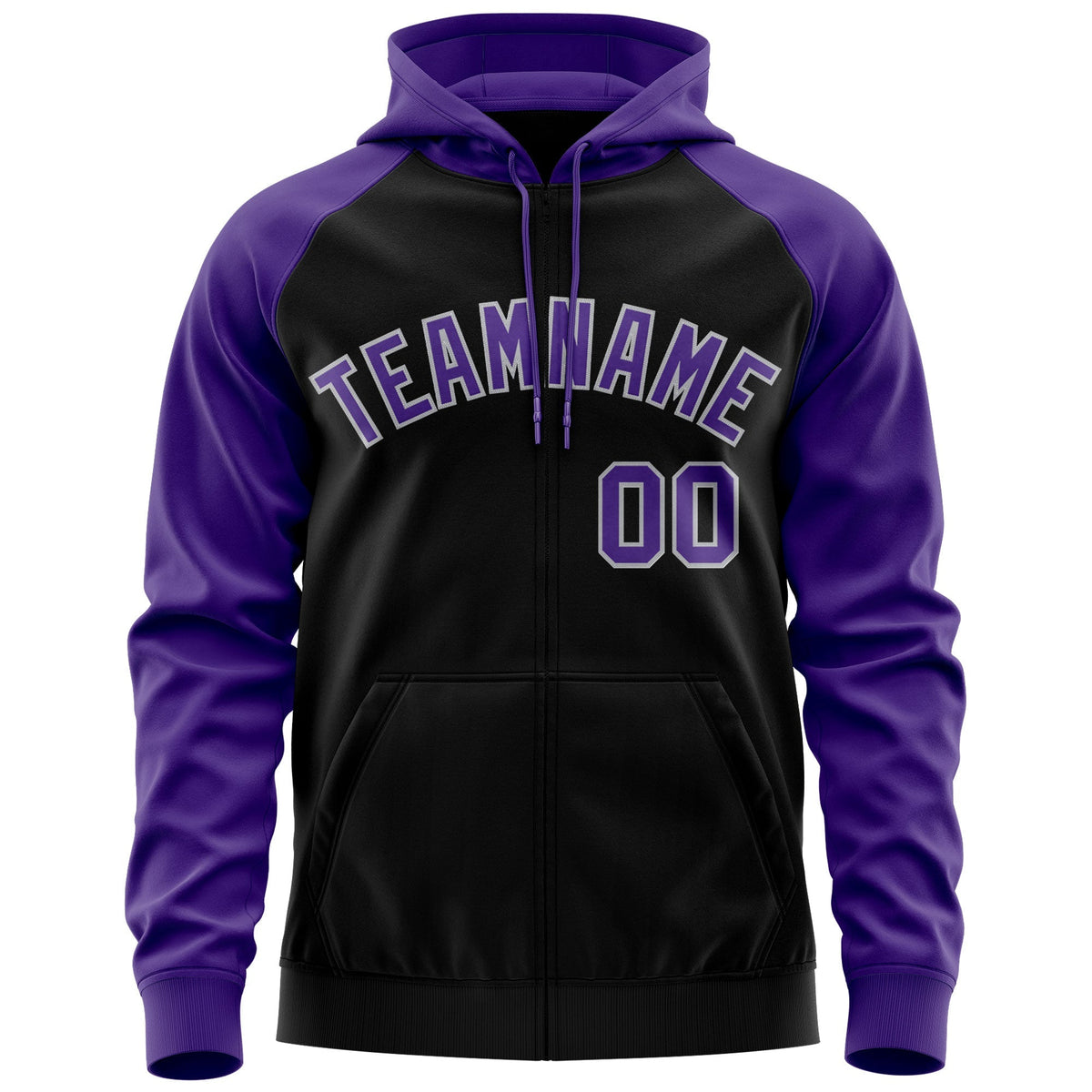 Custom Stitched Black Purple-Gray Raglan Sleeves Sports Full-Zip Sweatshirt Hoodie| KXKSHOP