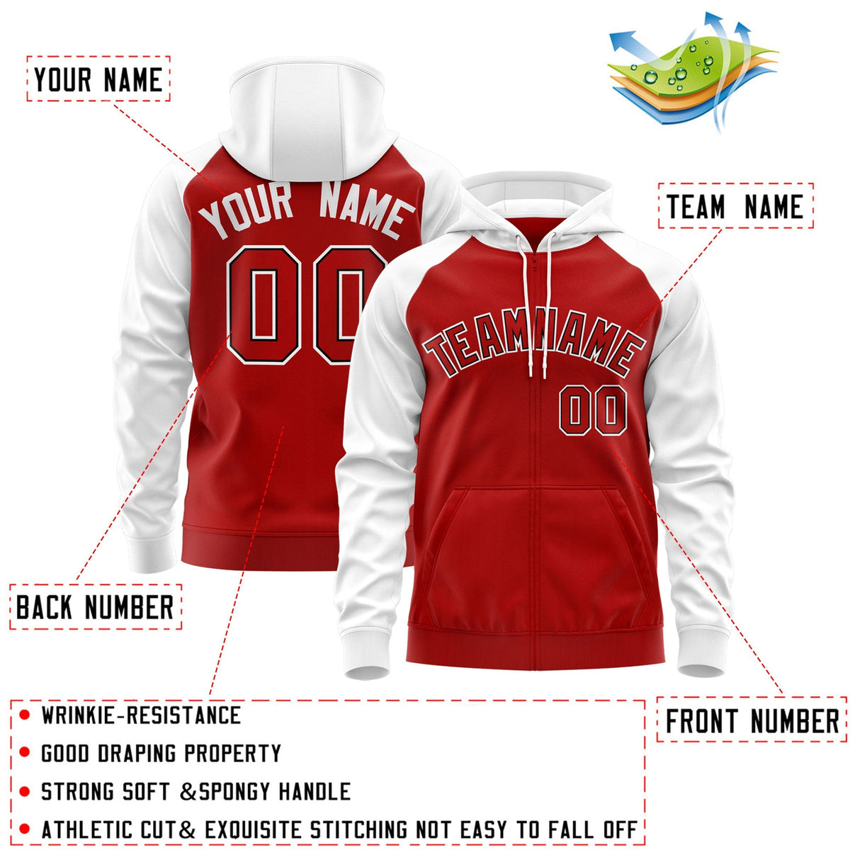 Custom Stitched Red Black-White Raglan Sleeves Sports Full-Zip Sweatshirt Hoodie| KXKSHOP