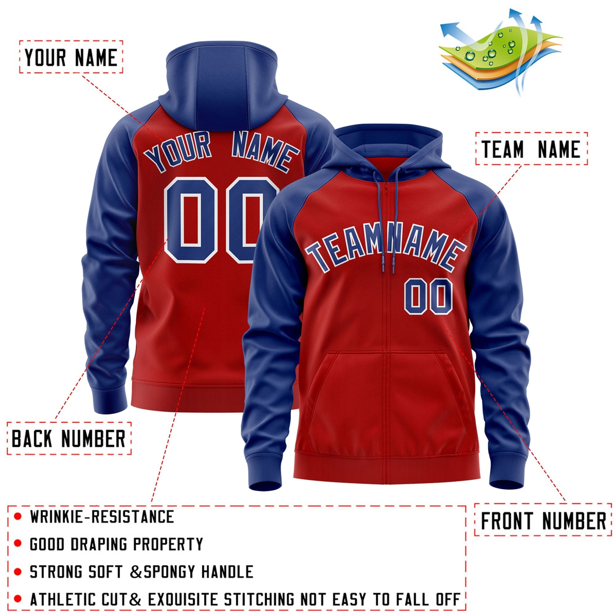 Custom Stitched Red Royal-White Raglan Sleeves Sports Full-Zip Sweatshirt Hoodie| KXKSHOP