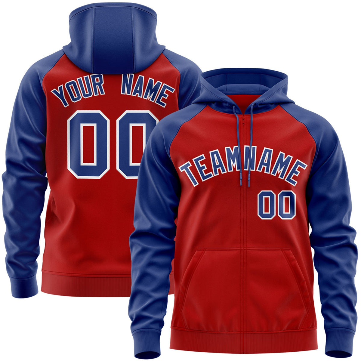 Custom Stitched Red Royal-White Raglan Sleeves Sports Full-Zip Sweatshirt Hoodie| KXKSHOP