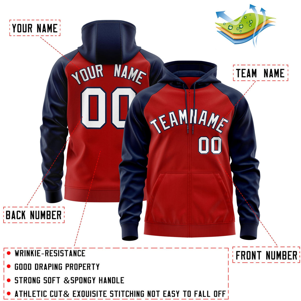Custom Stitched Red White-Navy Raglan Sleeves Sports Full-Zip Sweatshirt Hoodie| KXKSHOP