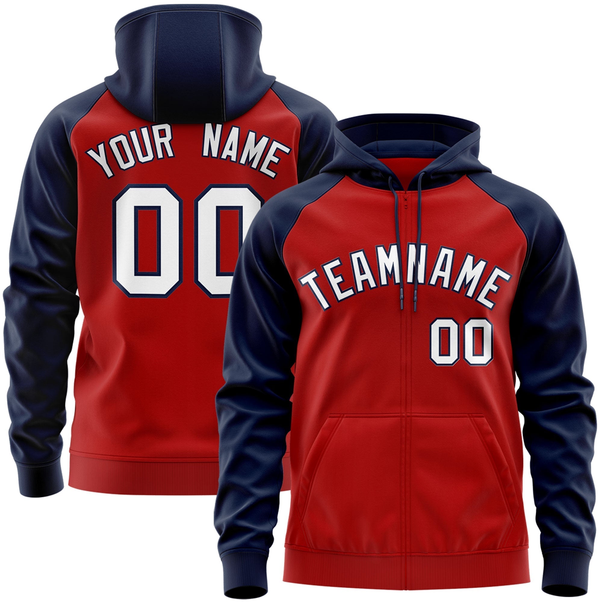 Custom Stitched Red White-Navy Raglan Sleeves Sports Full-Zip Sweatshirt Hoodie| KXKSHOP