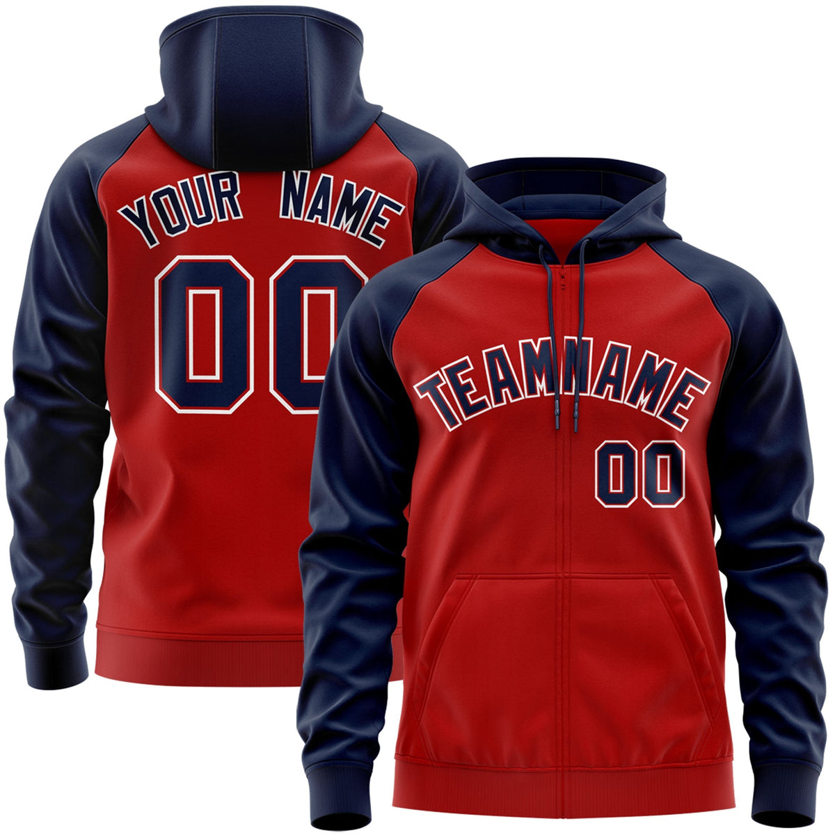 Custom Stitched Red Navy-White Raglan Sleeves Sports Full-Zip Sweatshirt Hoodie| KXKSHOP